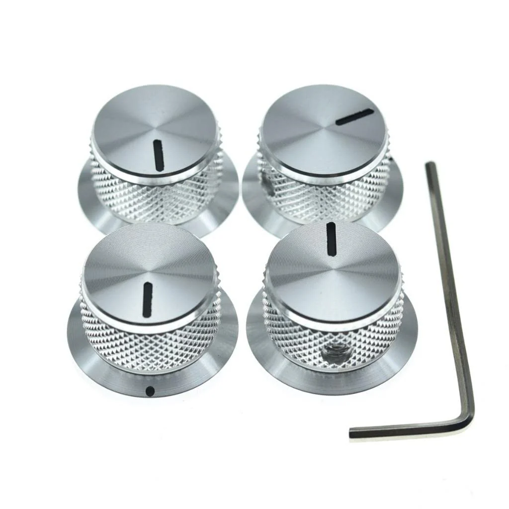 4-Pack Set Screw Style Aluminium Potentiometer Knobs 1/4" Universal Top Hat Knobs Bell Volume Tone Control Knobs for Guitar/Bass/AMPS/Preamps Silver Pack of 4 Silver with Indicator-3