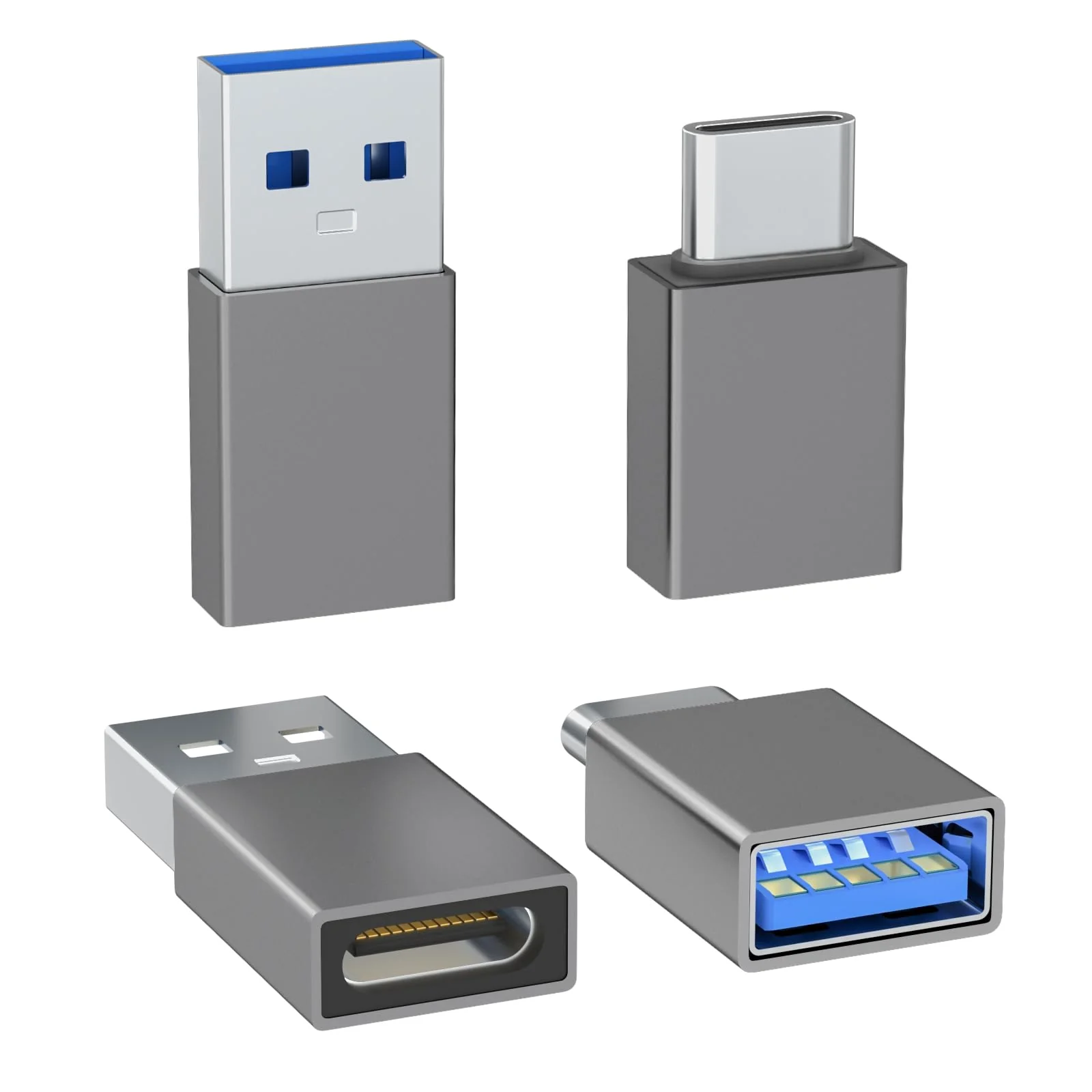 4-Pack USB C to USB Adapters, with 2 Type C Female to A Male Converters & 2 USB C Male to USB Female Connectors, Compatible with Apple Watch, iPhone 15 Pro Max 14 13 12, AirPods, Ultra 8 9 - Gray C-A,A-C/4 pack (Grey)