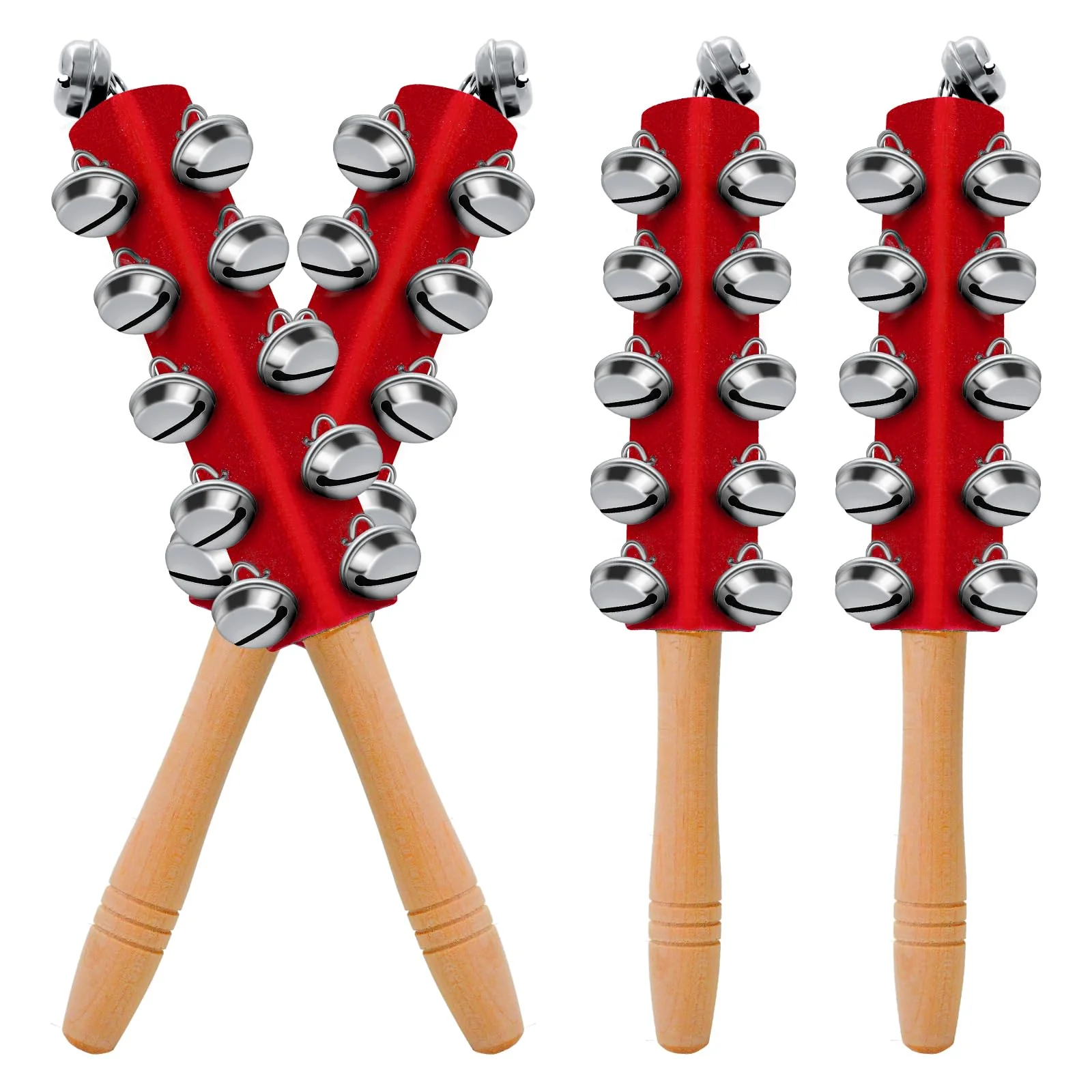 4 Pcs Christmas Sleigh Bells Wooden Handle Jingle Bells Instrument Musical Hand Bell Shaker Rattle Musical Percussion Instrument for Xmas Holiday Party (Red) Red