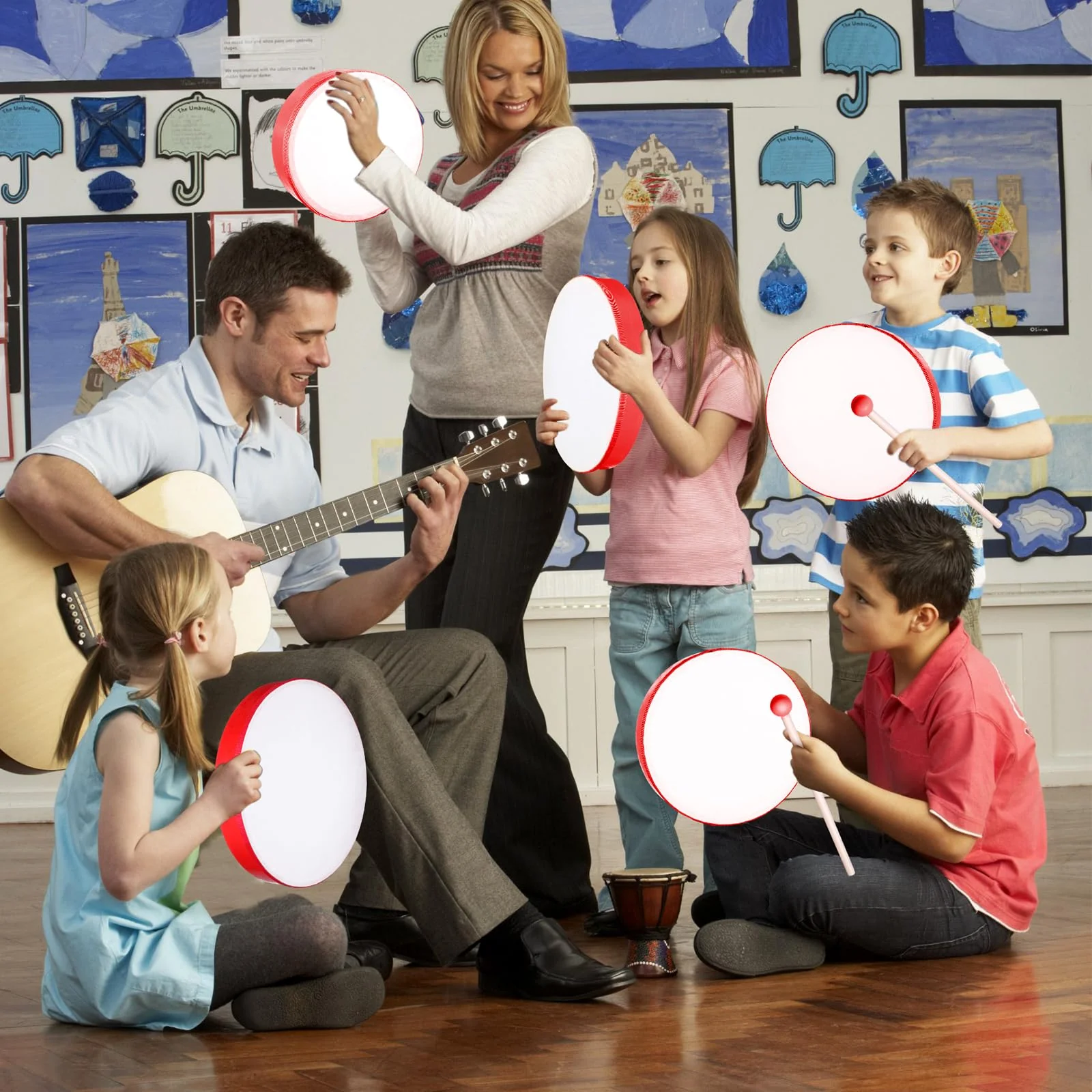 4 Pcs Kids Hand Drum Adults Wood Frame Drum Set with Drum Stick 12 Inch 10 Inch 8 Inch 6 Inch Percussion Musical Instruments for School Kids Adults Beginners Home Party Supplies (Red) Red - Image 5