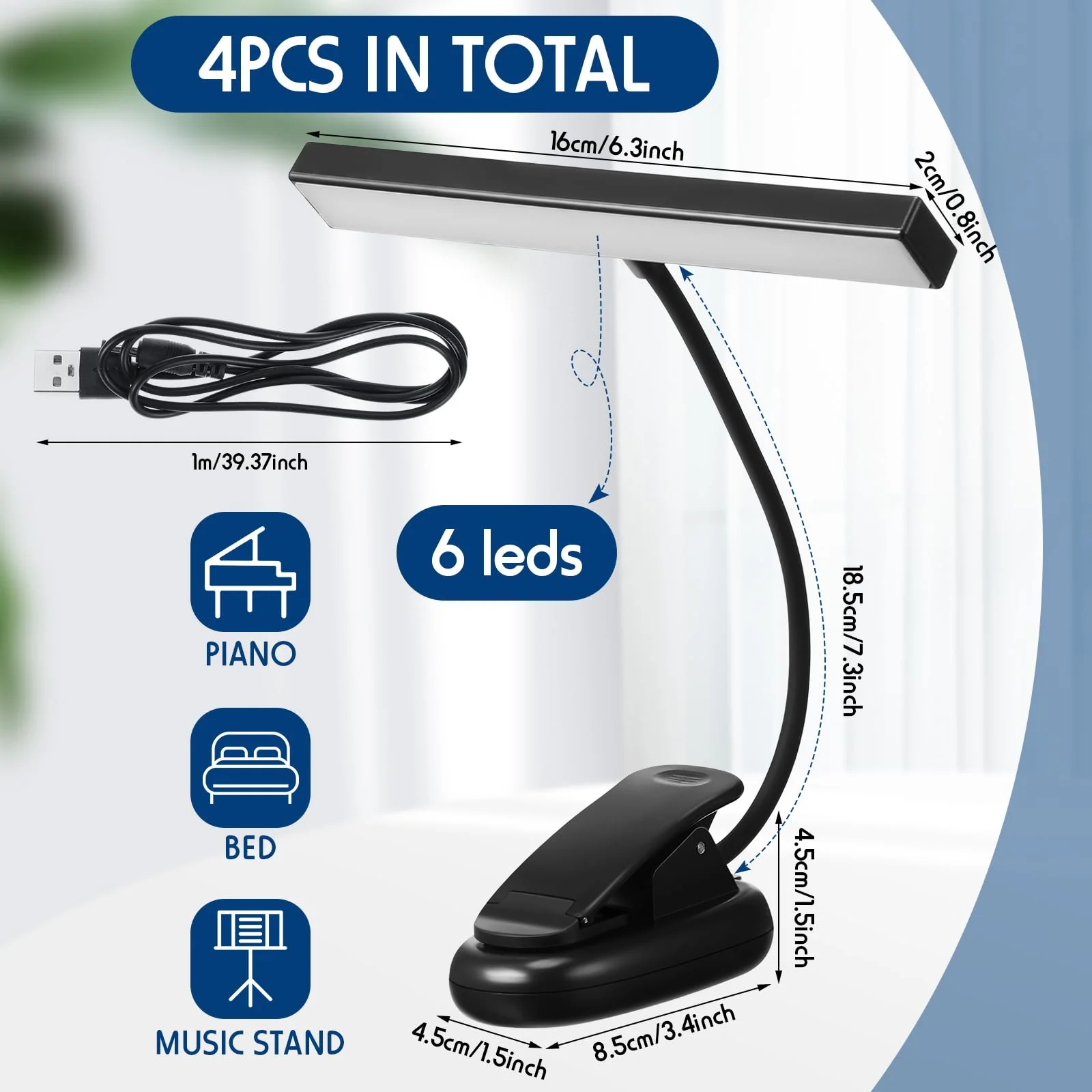 4 Pcs Music Stand Light 18 LED Piano Light Clip on Piano Lamp Adjustable Reading Light USB and AAA Battery(Not Included)/ Rechargeable Operated, 4 Color Temperature Optional (Battery) - Image 2