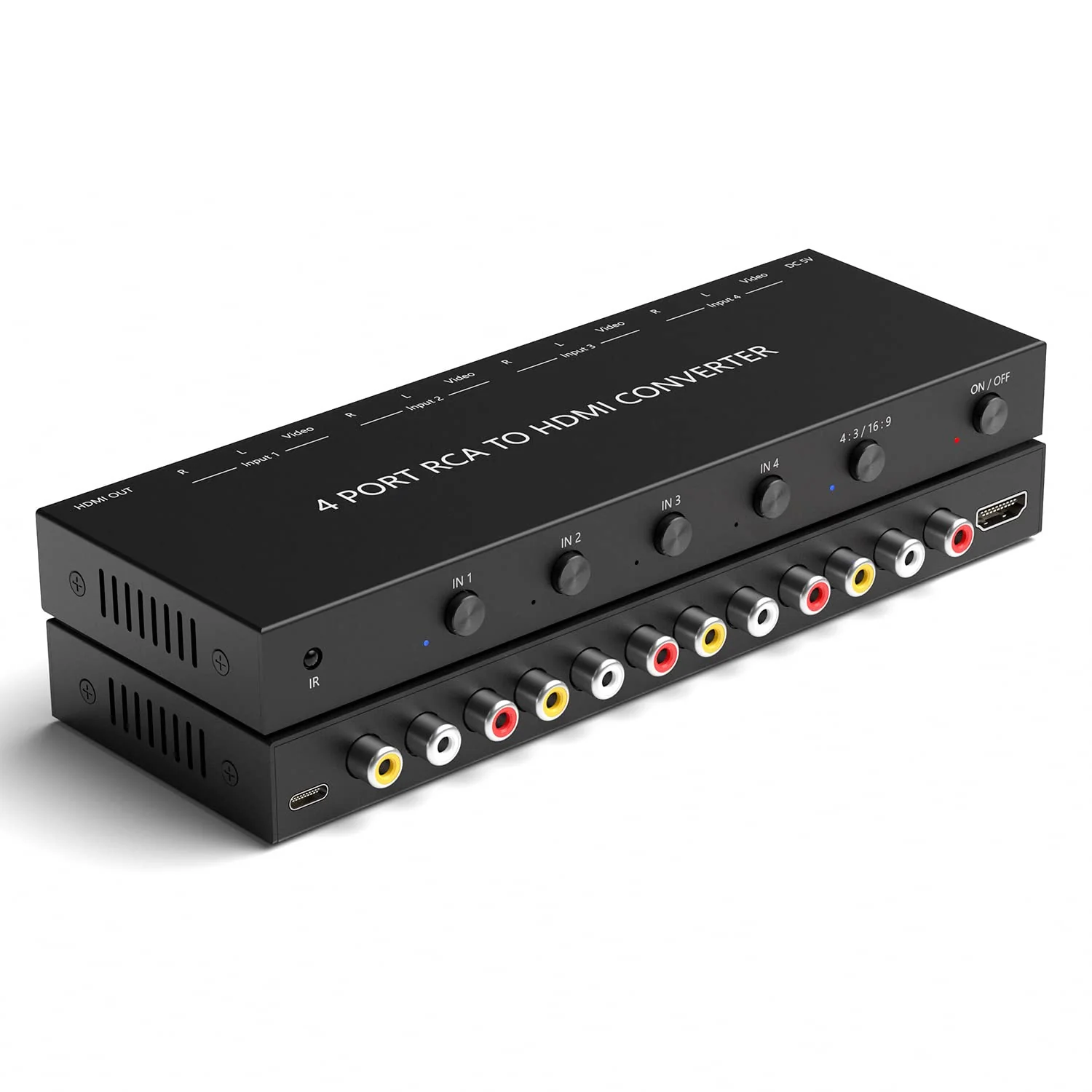 4 Port RCA to HDMI Converter 1080P/720P RCA Composite CVBS AV Switch to HDMI Converter Adapter Support 4:3/16:9 Switch, for Sega Xbox PS1 PS2 PS3 N64 NGC SNES WII VHS VCR Camera DVD(With Remote) 4 Way RCA Converter