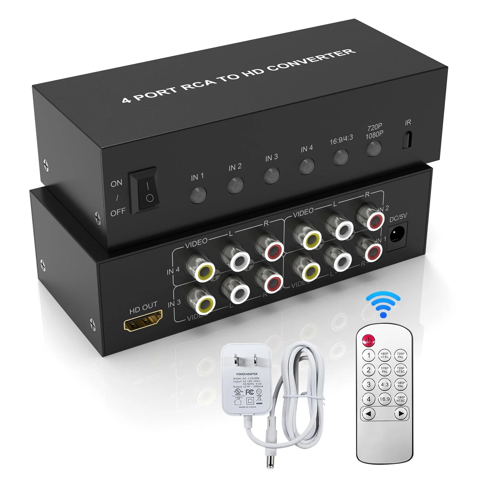 4 Port RCA to HDMI Converter AV to HDMI Adapter - 1080P/720P Red White Yellow Composite Component to HDMI Converter for TV/AUX/N64/PS2/PS3/VHS/VCR/DVD Players, Support 4:3/16:9 RCA Switch(With Remote)