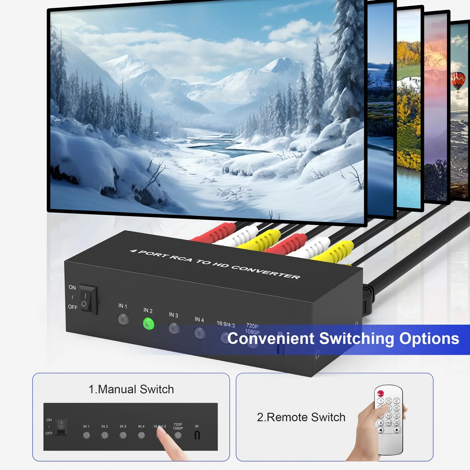 4 Port RCA to HDMI Converter AV to HDMI Adapter - 1080P/720P Red White Yellow Composite Component to HDMI Converter for TV/AUX/N64/PS2/PS3/VHS/VCR/DVD Players, Support 4:3/16:9 RCA Switch(With Remote) - Image 2