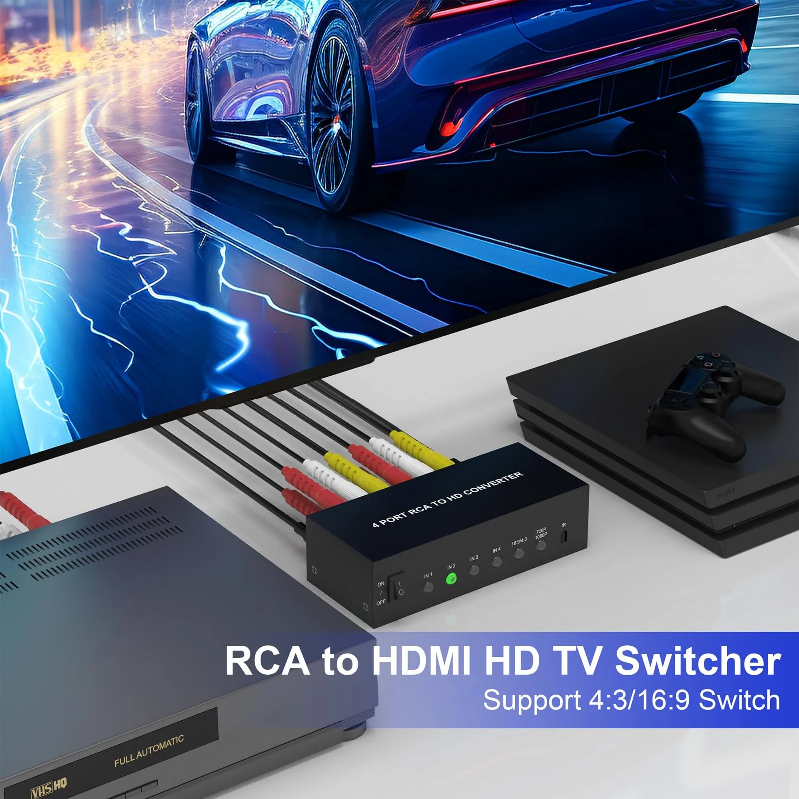 4 Port RCA to HDMI Converter AV to HDMI Adapter - 1080P/720P Red White Yellow Composite Component to HDMI Converter for TV/AUX/N64/PS2/PS3/VHS/VCR/DVD Players, Support 4:3/16:9 RCA Switch(With Remote) - Image 5