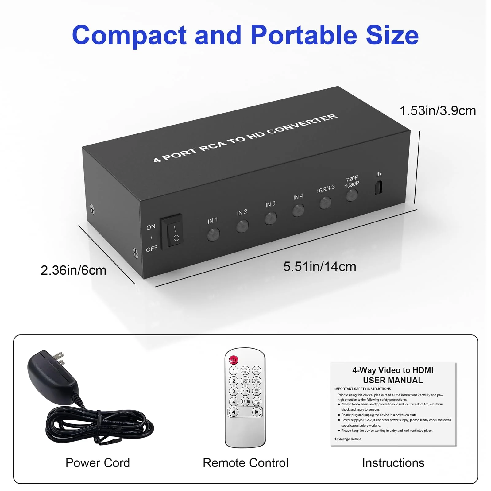 4 Port RCA to HDMI Converter AV to HDMI Adapter - 1080P/720P Red White Yellow Composite Component to HDMI Converter for TV/AUX/N64/PS2/PS3/VHS/VCR/DVD Players, Support 4:3/16:9 RCA Switch(With Remote) - Image 7