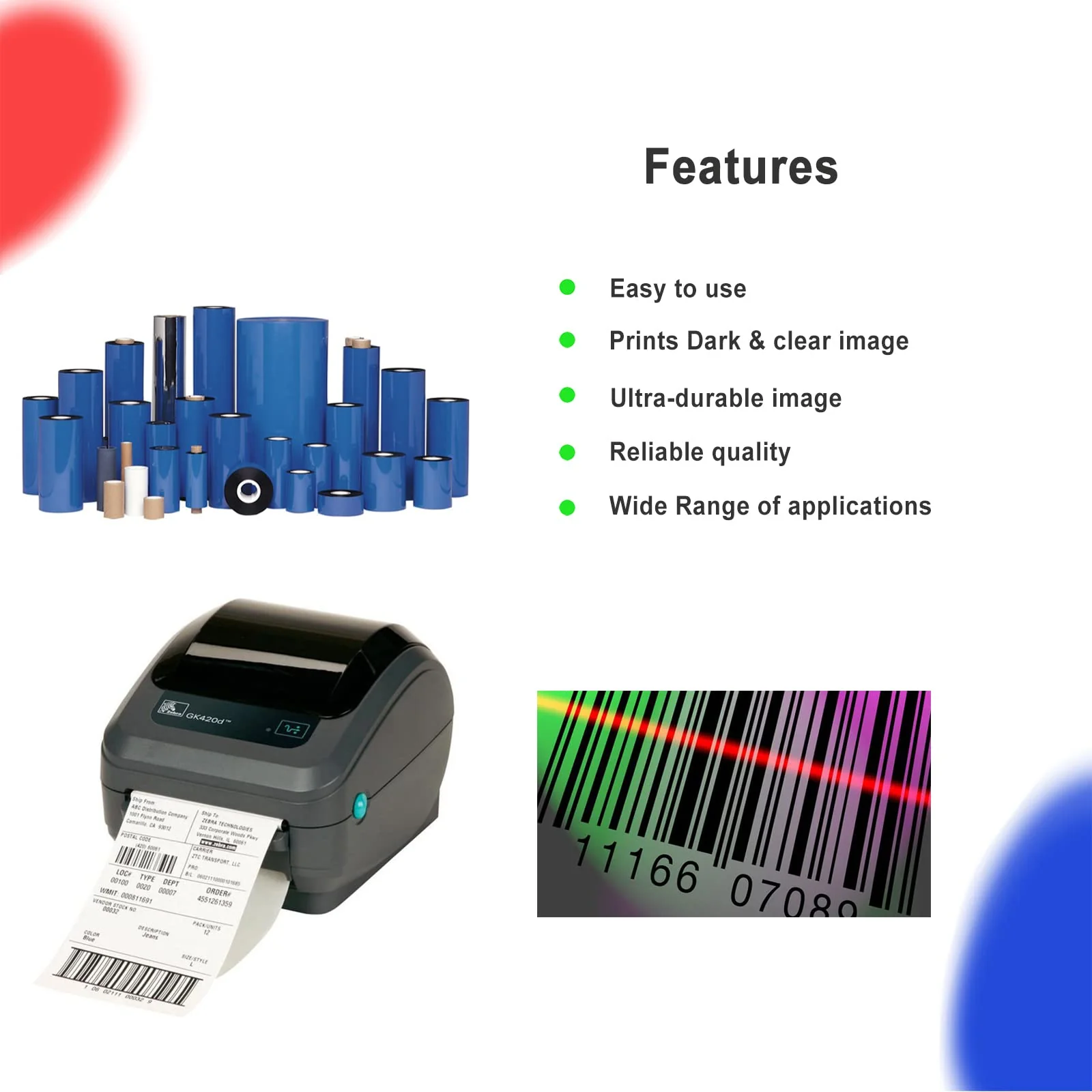 4 Rolls 4.33'' x 244' Premium Resin Enhanced Wax Ribbon, 110mm x 74m Black Thermal Transfer Ribbon, Desktop Barcode Thermal Label Printer Ribbons, 1/2'' Core, for Zebra GC, GK, GX, ZD & Eltron 4.33''x244'|4 Rolls - Image 3