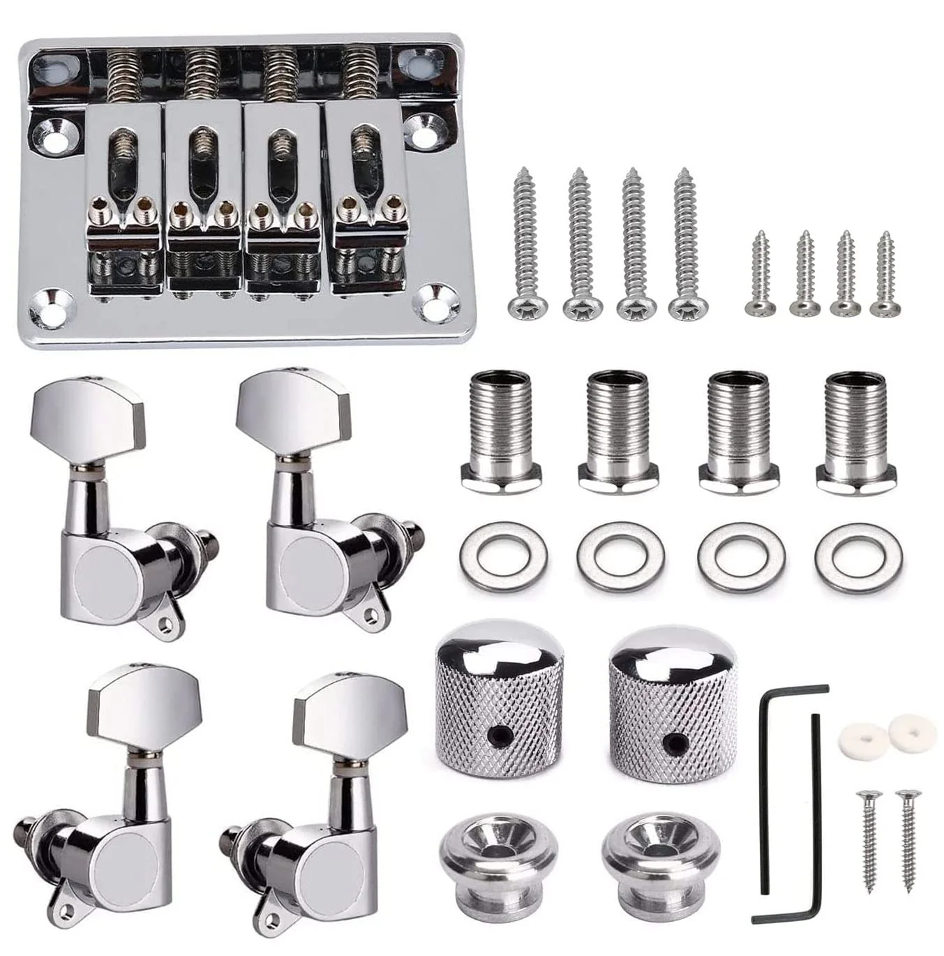 4-String Guitar Replacement Part for 4 String Cigarbox Electric Guitar Bass Inclued Top-Loading Hardtail Bridge Tuning Pegs Keys Control Knobs Strap Locks Screws Washers Chrome