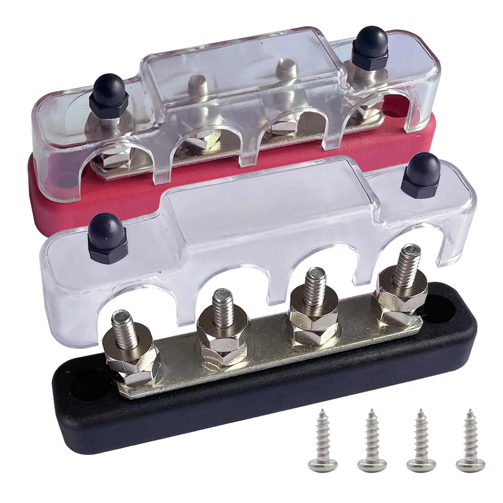4 Terminals Bus Bar, Ampper 4.2" Power/Ground Distribution Block Brass Battery BusBar Junction for Car Vehicle Rv Truck Marine Boat Audio Amplifier and More (Red & Black) Red & Black 4.2" 4 Stud