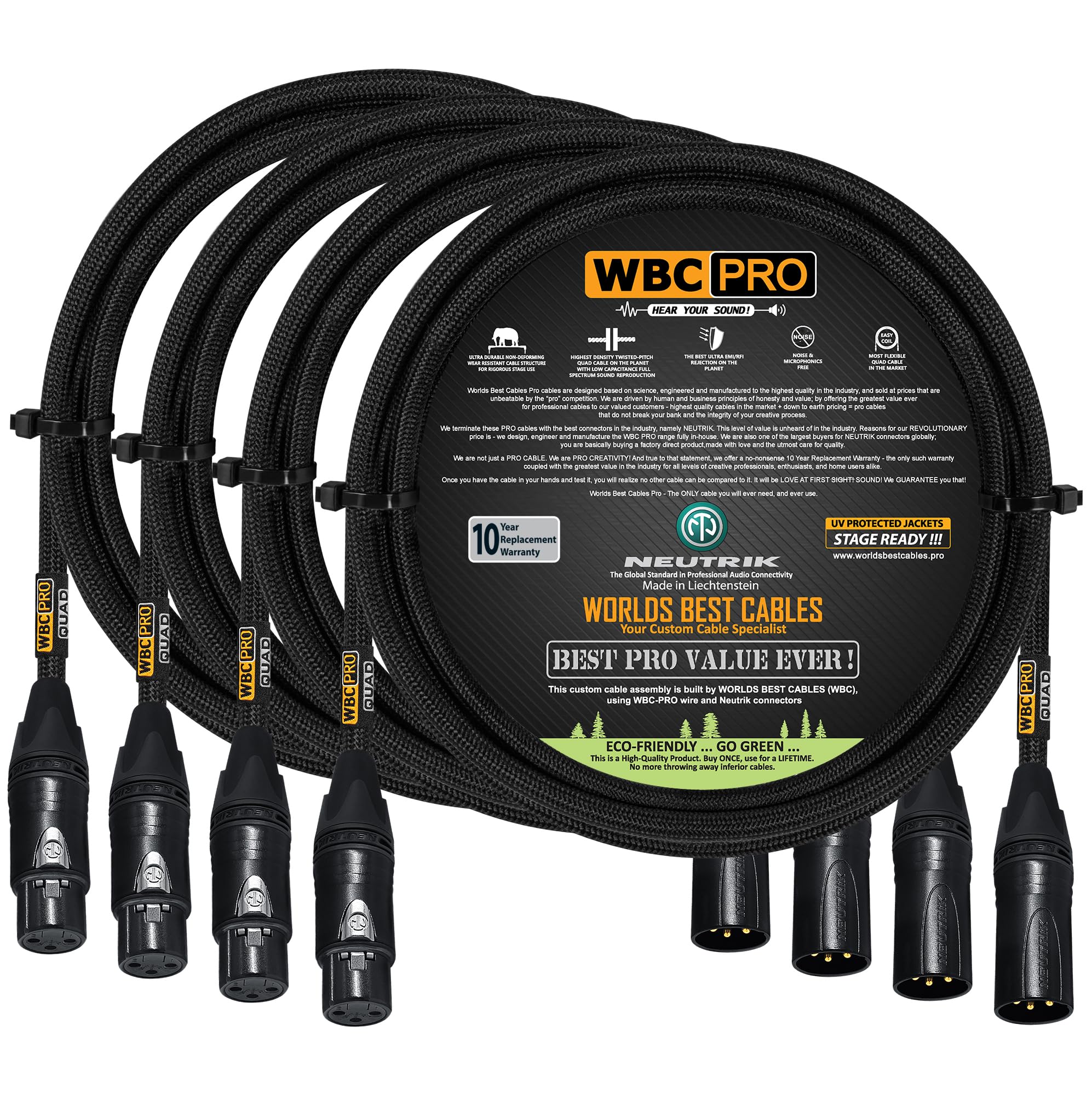 4 Units - 5 Foot - WBC-PRO-Quad Ultra-Silent Ultra-Flexible Balanced Star-Quad Cable with Neutrik Male & Female XLR Plugs & Black Tweed Jacket