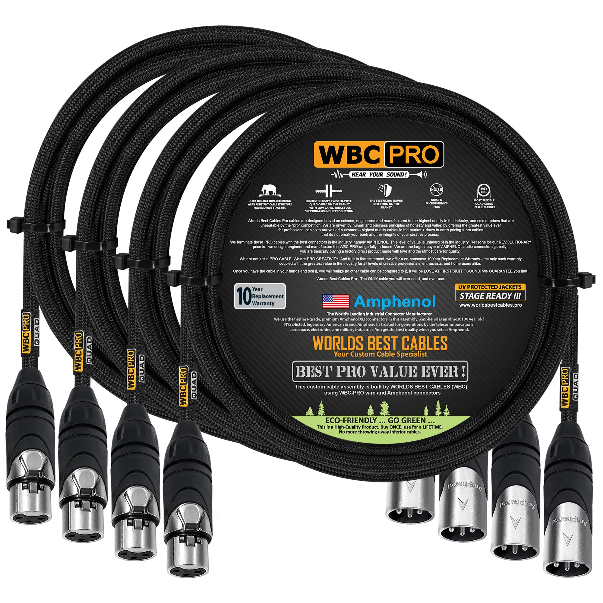 4 Units - 6 Foot - WBC-PRO-Quad Ultra-Silent Ultra-Flexible Balanced Star-Quad Cable with Amphenol Male & Female XLR Plugs & Black Tweed Jacket