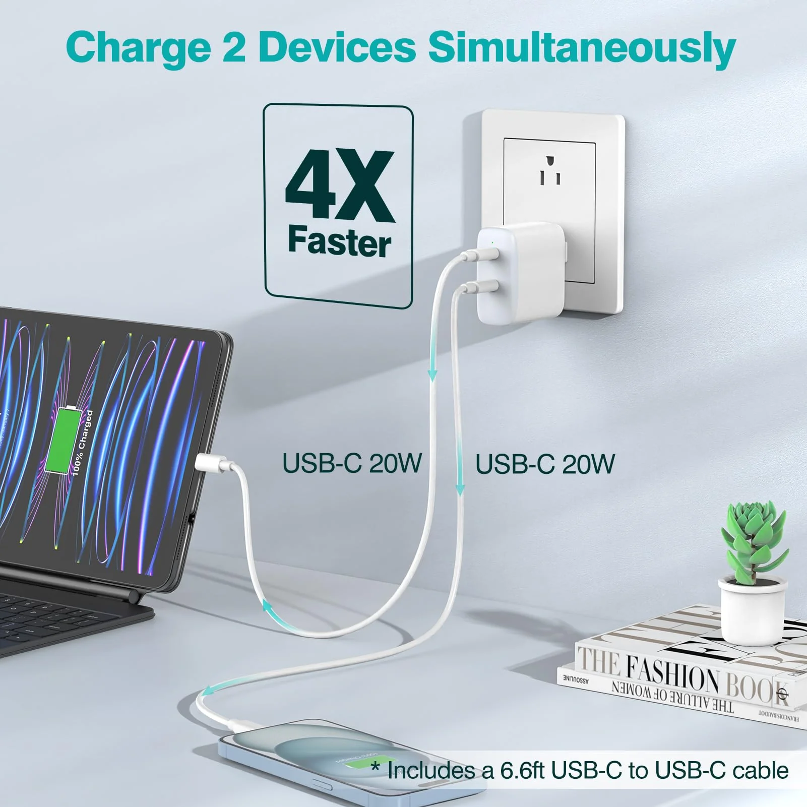 40W Dual USB C Charger for iPad Pro 13, 12.9, 11 inch 2024 2023 2022 2021 2020 2019, iPad Air 5 4, Mini 6, iPad 10, iPhone 15/15 Pro Max, 2 x 20W Type C Wall Charger, 6.6ft USB-C Cable - Image 2
