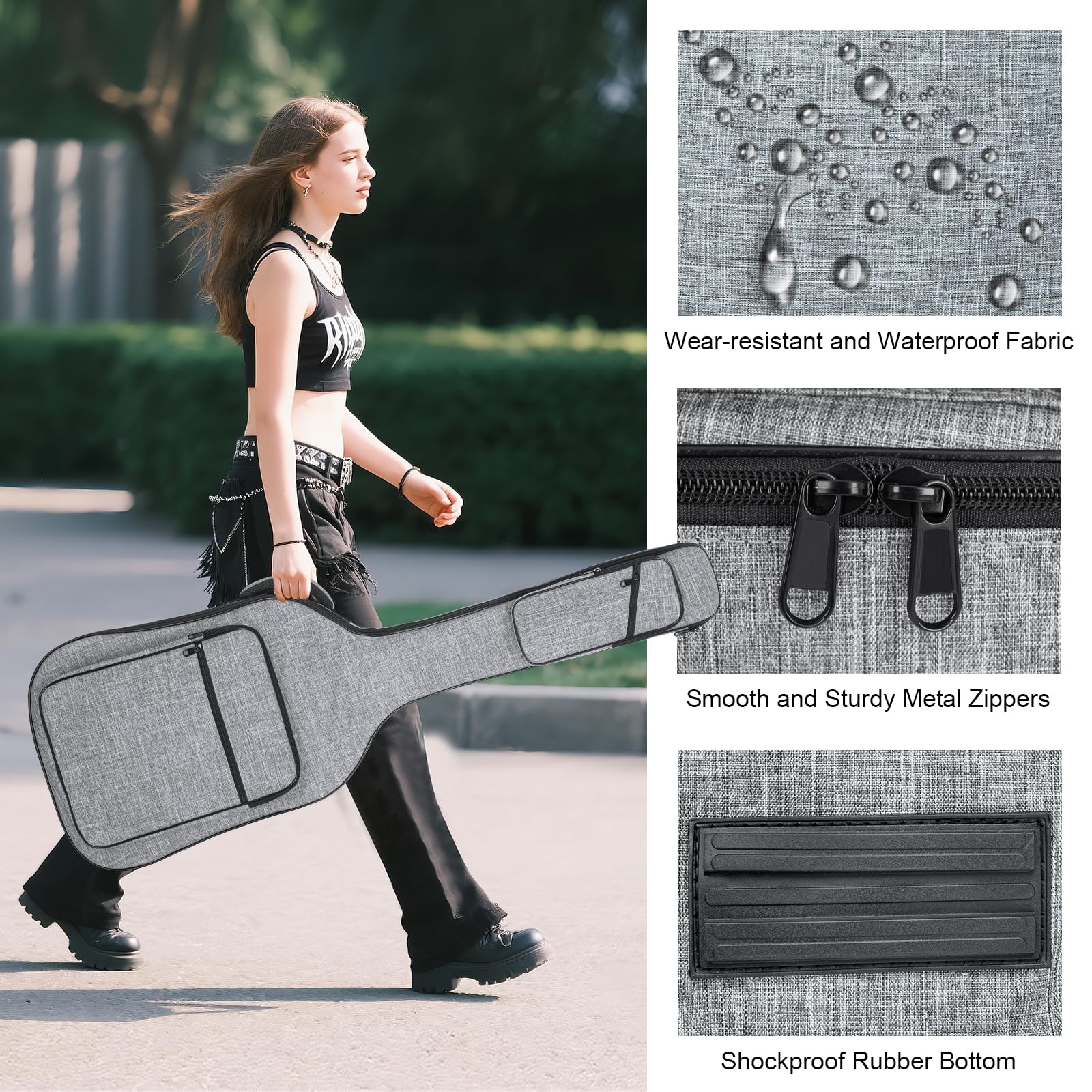 47 Inch Bass Gig Bag 11mm Padding Electric Bass Guitar Bag, Bass Guitar Case Backpack with Neck Strap and 4 Pockets, Grey Grey(Bass Guitar Bag) - Image 5
