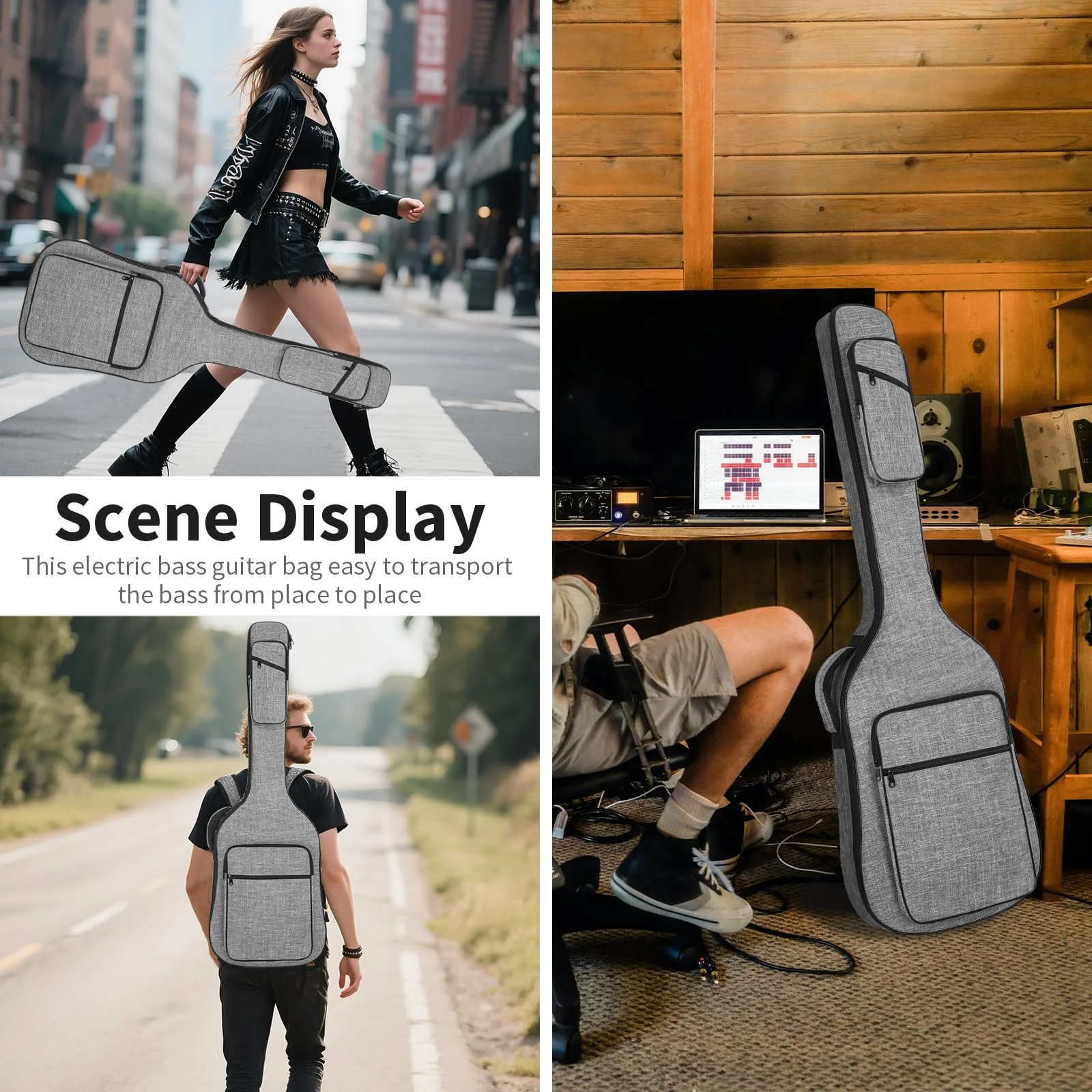 47 Inch Bass Gig Bag 11mm Padding Electric Bass Guitar Bag, Bass Guitar Case Backpack with Neck Strap and 4 Pockets, Grey Grey(Bass Guitar Bag) - Image 6