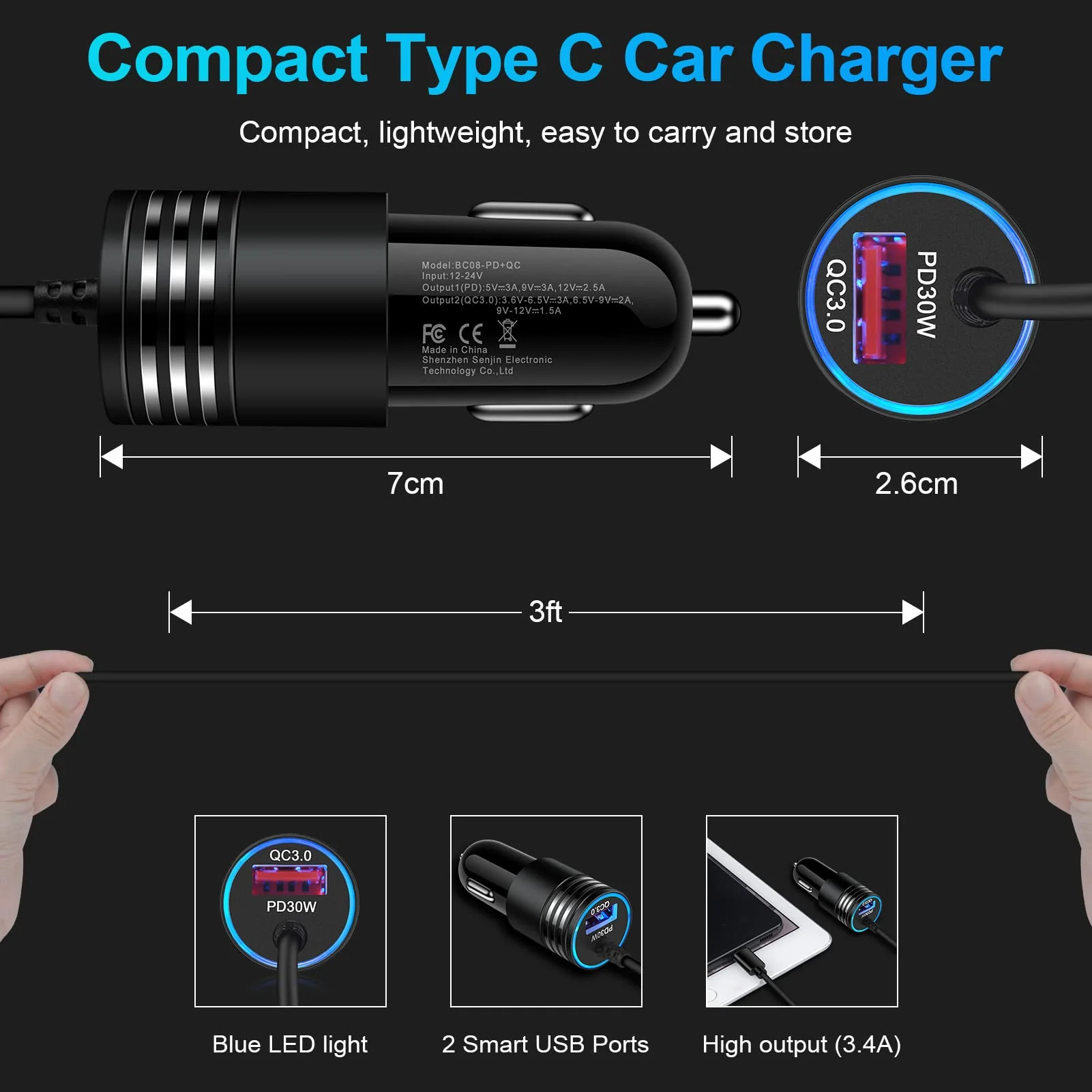 48W Super Fast Samsung Car Charger USB C Rapid Android Car Adapter with 30W Built-in Type C Fast Charging Cable for Samsung Galaxy S24 S23 Ultra S22 S21 S20 FE A15 A14 A54 A53 A23 A13 A03S A12 A32 S9 - Image 5