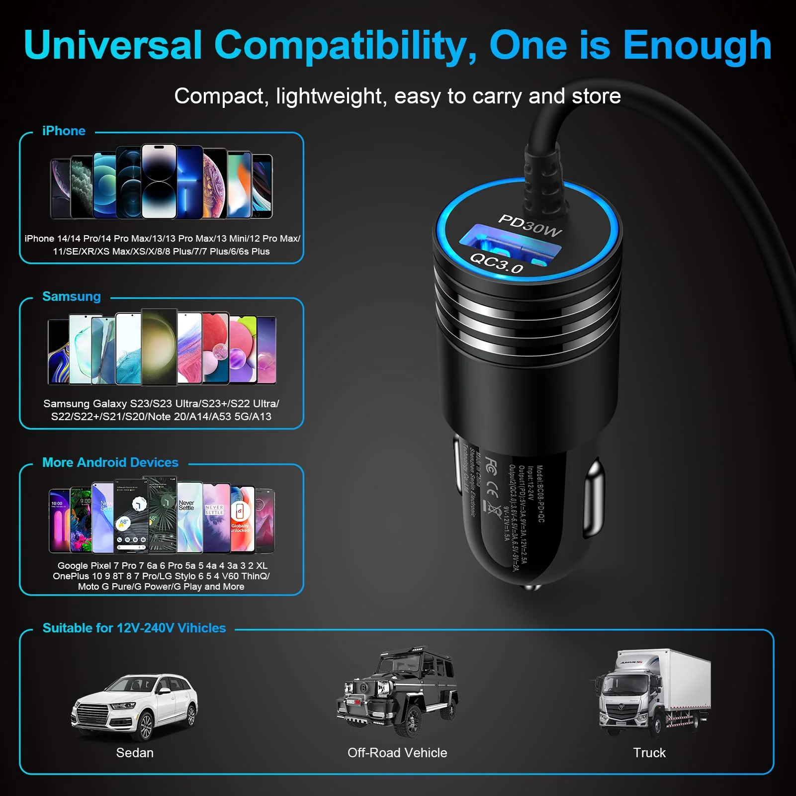 48W Super Fast Samsung Car Charger USB C Rapid Android Car Adapter with 30W Built-in Type C Fast Charging Cable for Samsung Galaxy S24 S23 Ultra S22 S21 S20 FE A15 A14 A54 A53 A23 A13 A03S A12 A32 S9 - Image 7