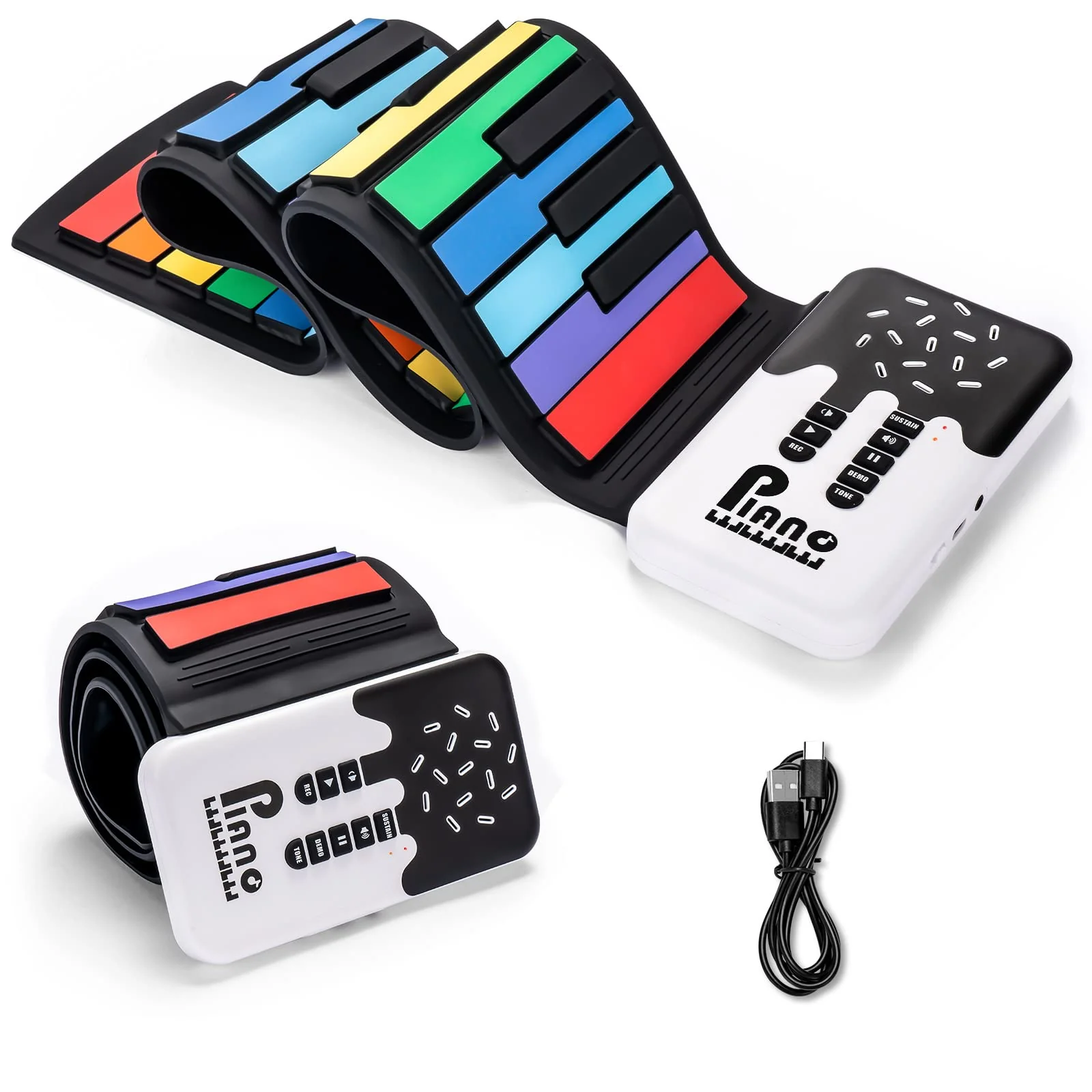 49 Key Roll Up Keyboard Piano, Portable Digital Electric Foldable Piano Keyboard, Rechargeable, 8 Tones, 6 Educational Demo Songs, for Beginners Gift (Rainbow) Rainbow