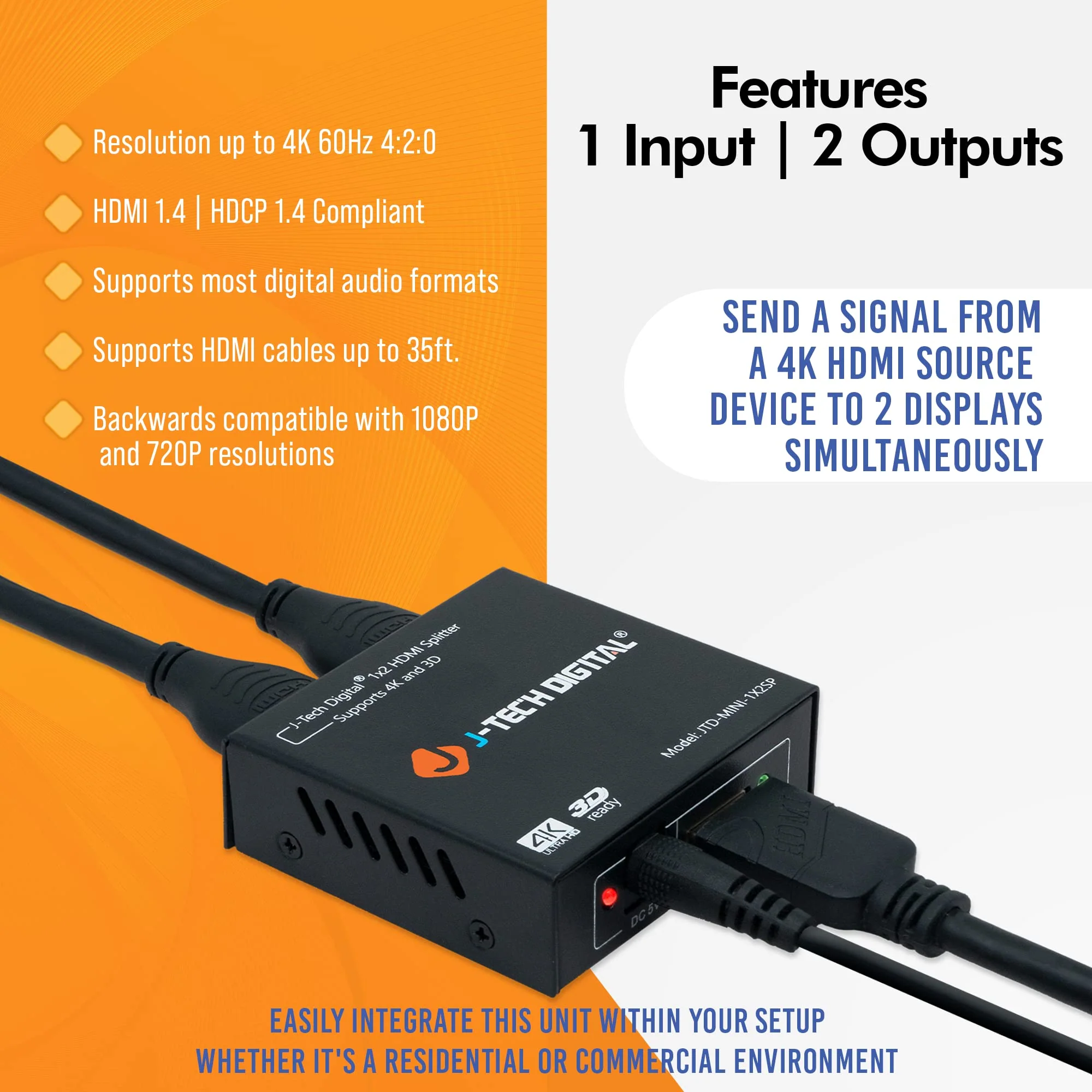 4K@60 HDMI Splitter 1 in 2 out 1X2 Powered Splitter for Dual Monitors by J-Tech Digital [JTD-MINI-1X2SP] 1X2 1080P@60HZ - Image 3