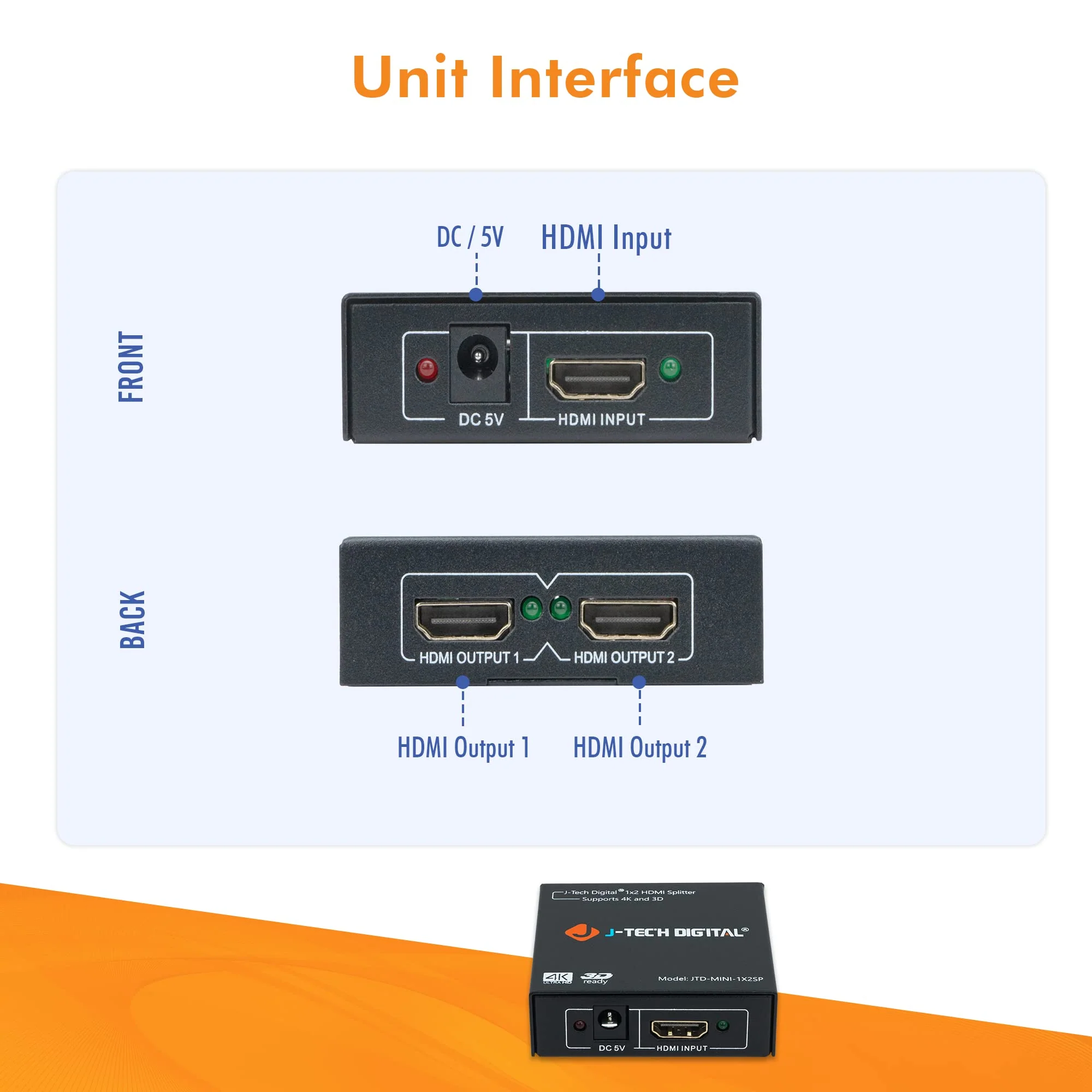 4K@60 HDMI Splitter 1 in 2 out 1X2 Powered Splitter for Dual Monitors by J-Tech Digital [JTD-MINI-1X2SP] 1X2 1080P@60HZ - Image 5