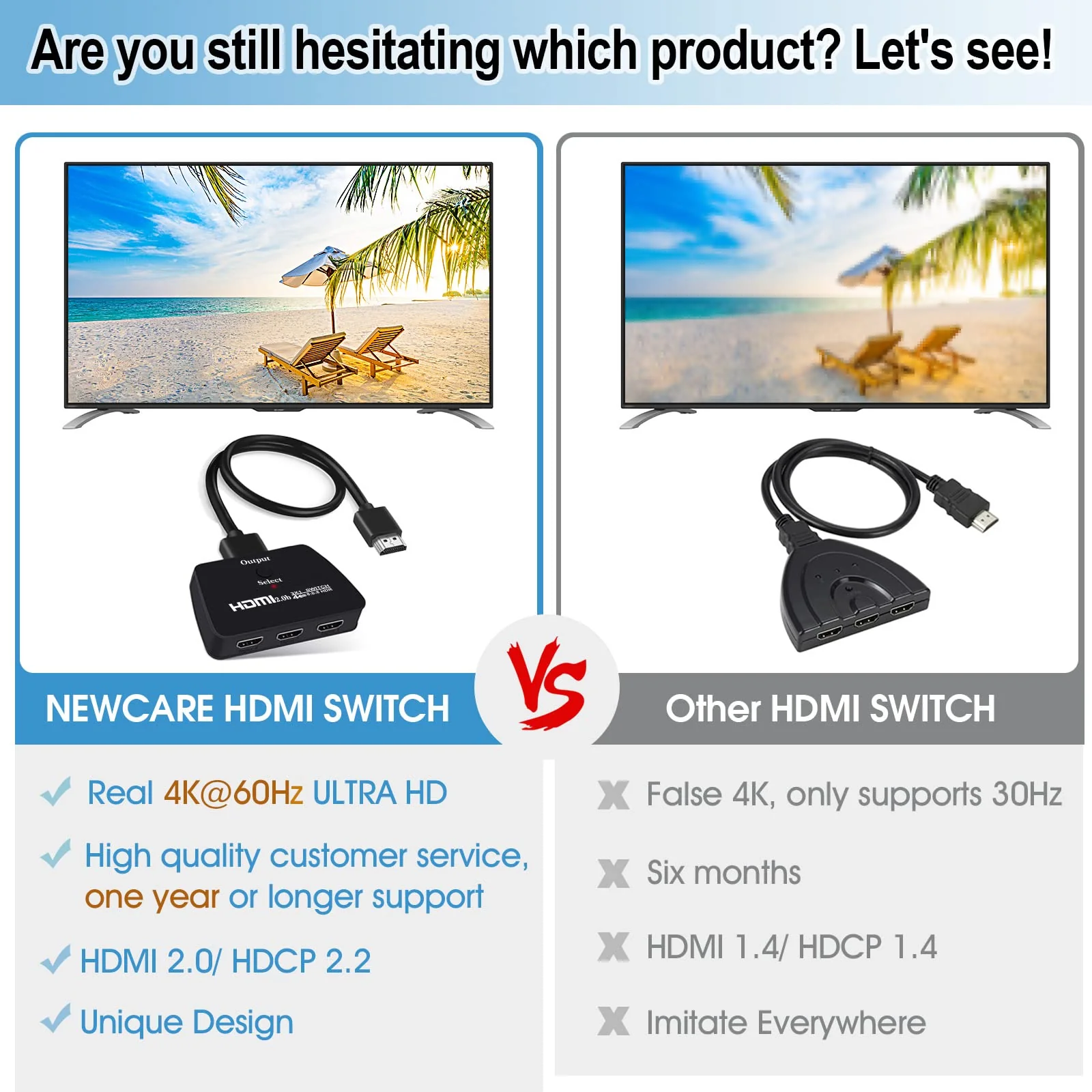 4K@60Hz HDMI Switch, NEWCARE HDMI Switch 3 in 1 Out, 3-Port HDMI Switcher Selector, Supports 4K, 3D, HDCP2.2, HDMI2.0, HDR, for Fire Stick 4K, HDTV, PS4/5, Game Consoles, PC - Image 2