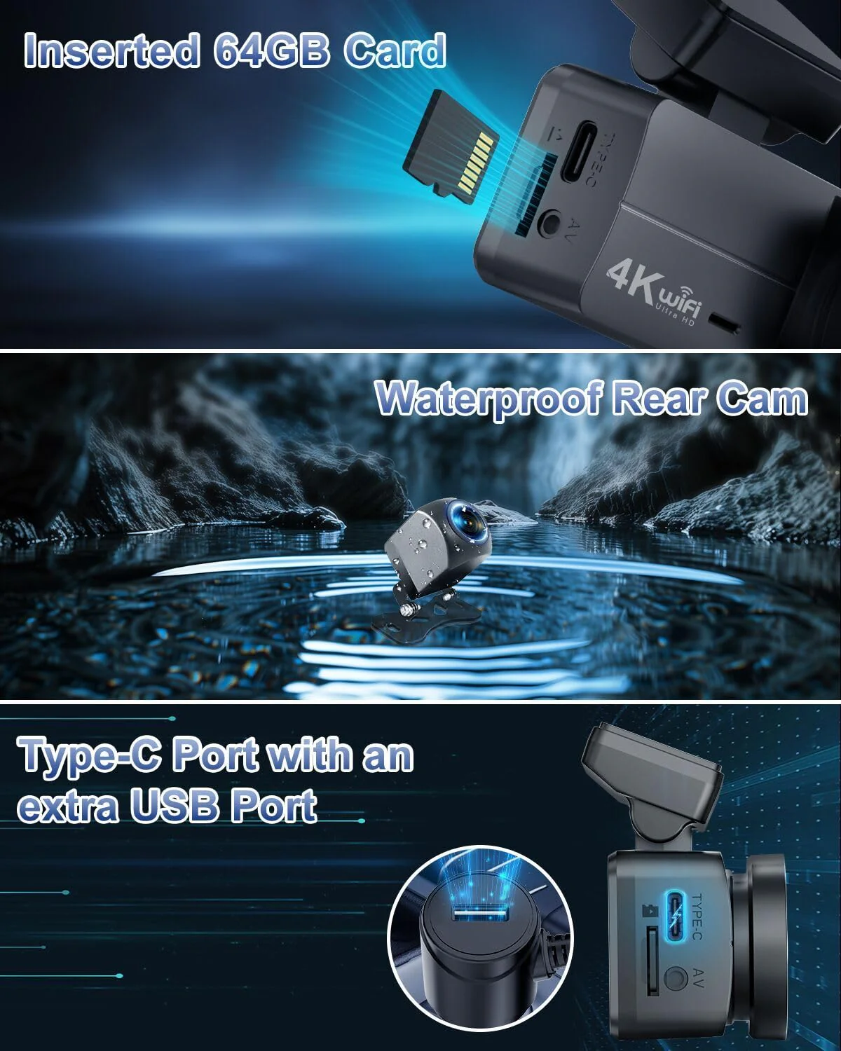 4K Dash Cam Front and Rear, WiFi Dash Cam with 64GB Card, 4K+1080P Dash Camera for Cars, Wireless WiFi Car Camera with App Control, 1.47" Screen DashCam with 24H Parking Monitor,G-sensor - Image 6