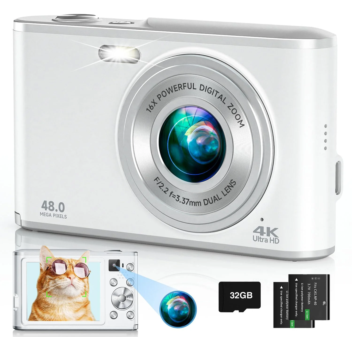 4K Digital Camera, 48MP Autofocus Kids Camera Selfie with Front and Rear Dual Lenses, 32GB Card, 2 Batteries, 16X Digital Zoom, Compact Travel Vlogging Video Camera Gift for Kid Teen Beginner(White) White