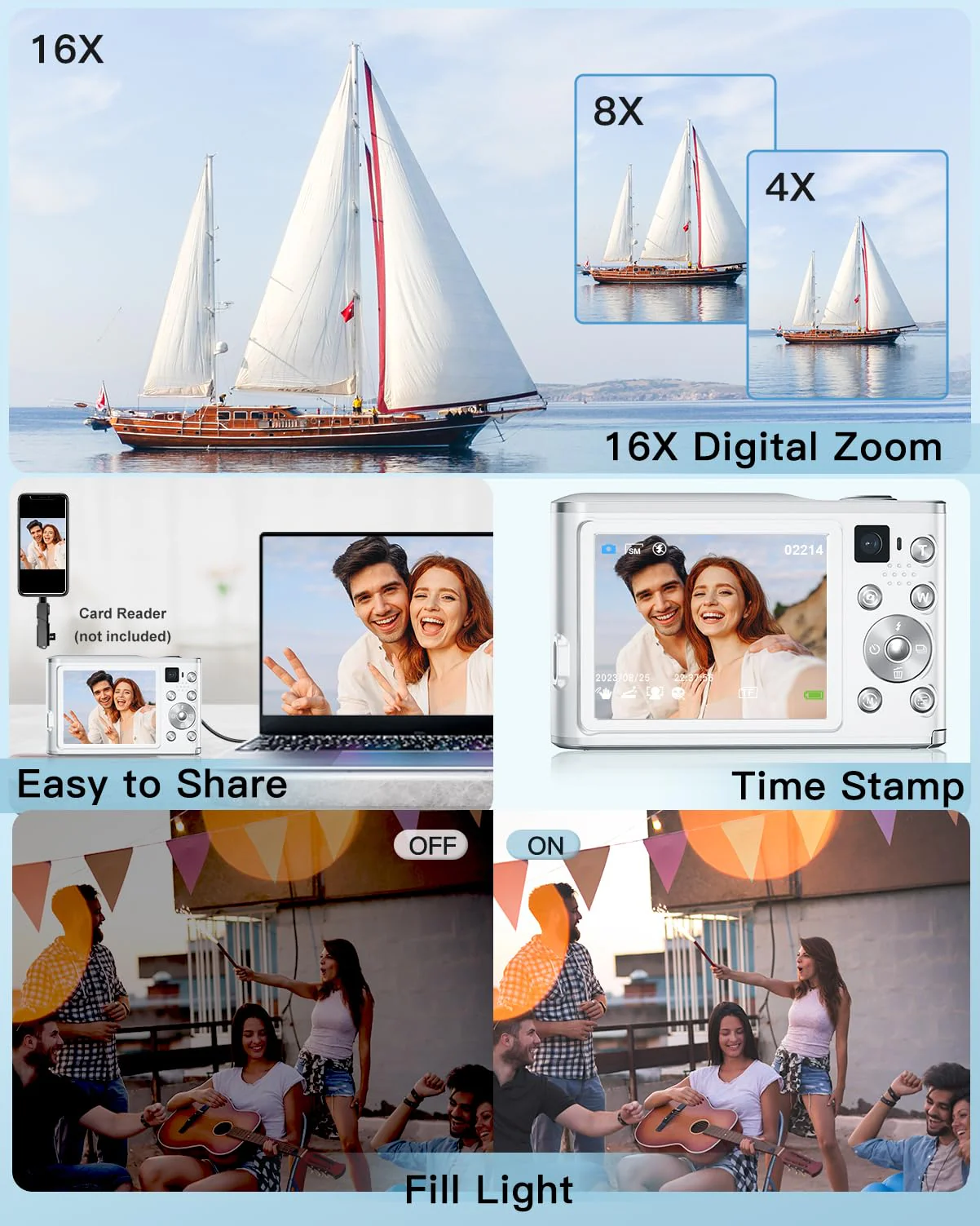 4K Digital Camera, 48MP Autofocus Kids Camera Selfie with Front and Rear Dual Lenses, 32GB Card, 2 Batteries, 16X Digital Zoom, Compact Travel Vlogging Video Camera Gift for Kid Teen Beginner(White) White - Image 6