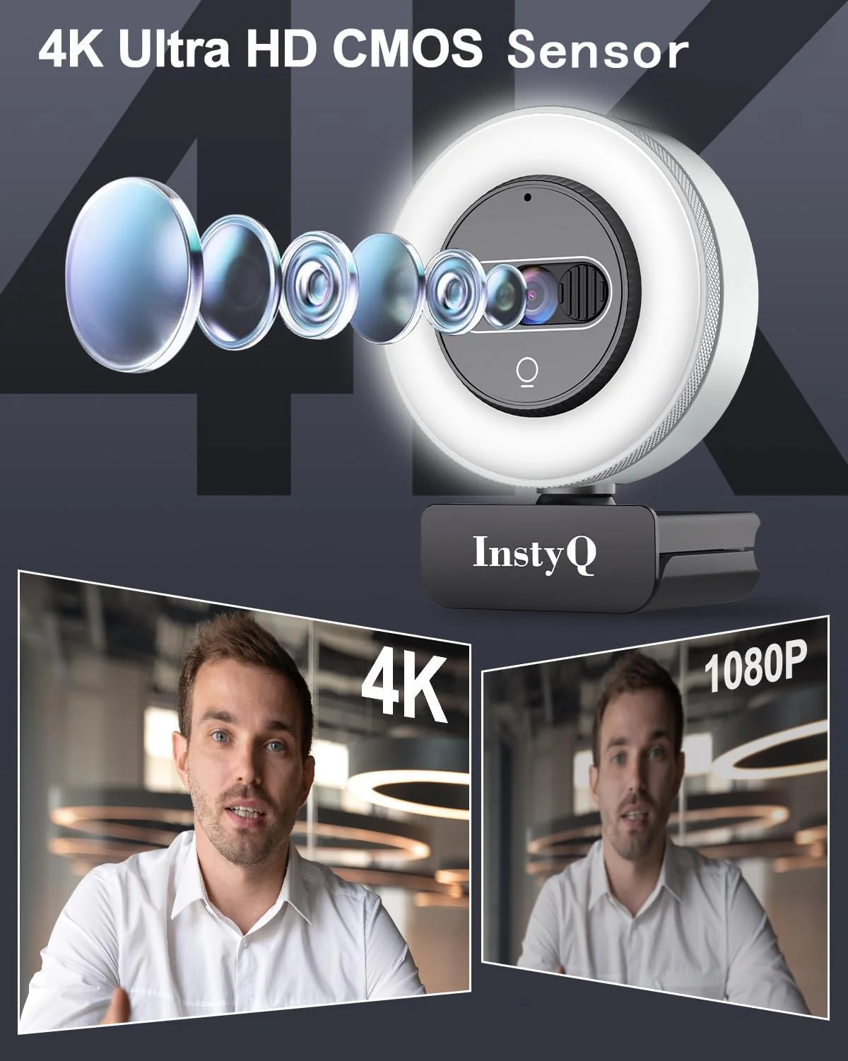4K Pro Webcam, Ultra HD Sensor, Web Camera with Light and Noise-Canceling Mic, 3X Digital Zoom and Remote Control, Built-in Privacy Cover, Plug-n-Play, Wide Compatibility, for Streaming With Remote Control 4K Silver - Image 2