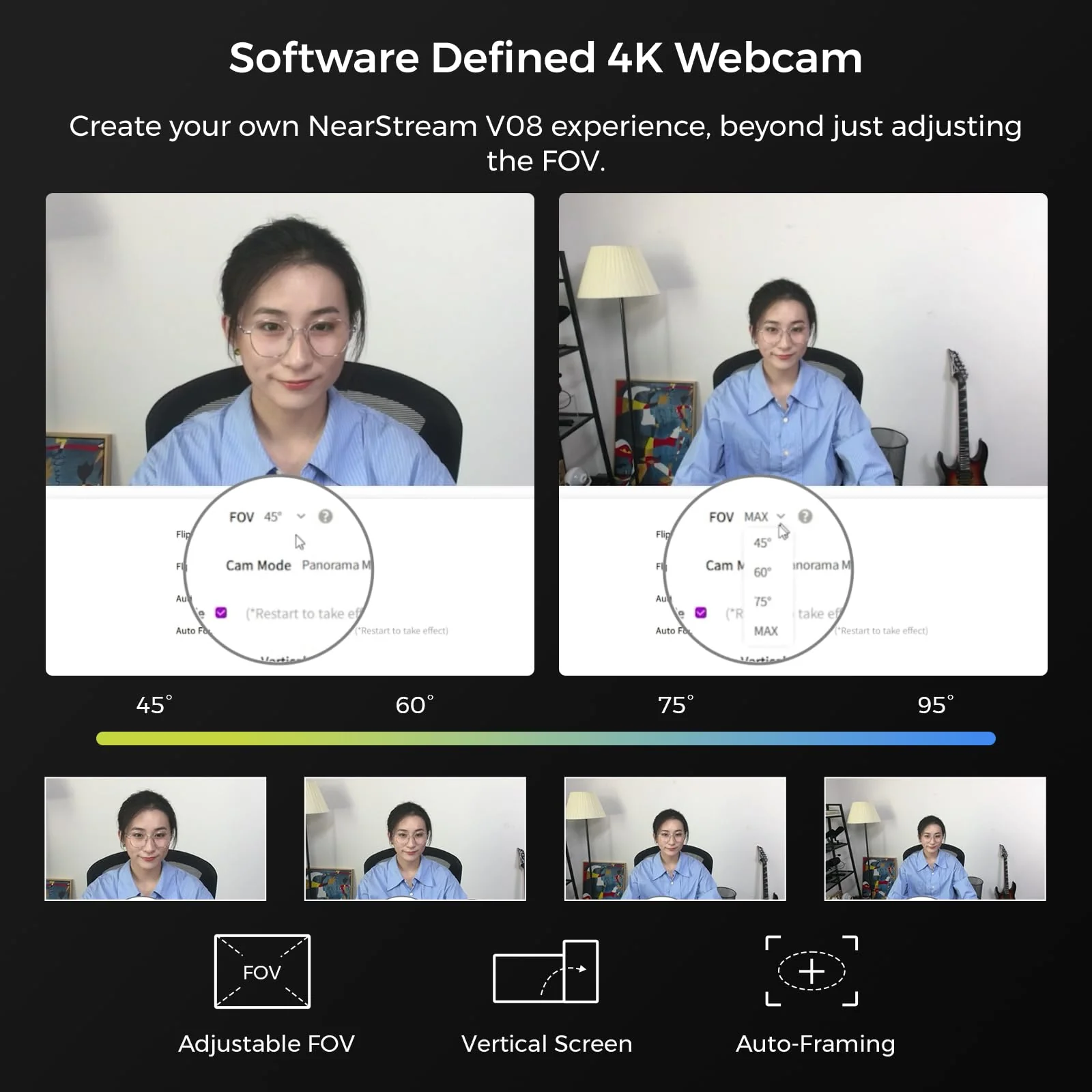 4K Webcam for PC, HDR 1080P 60FPS Streaming Webcam with Noise Canceling Mic, Software Control, 45°-95°Adjustable FOV, Auto Focus, AI Framing, Works with Google Meet/Zoom/Skype (V08AF) 4K Autofocus Webcam - Image 7