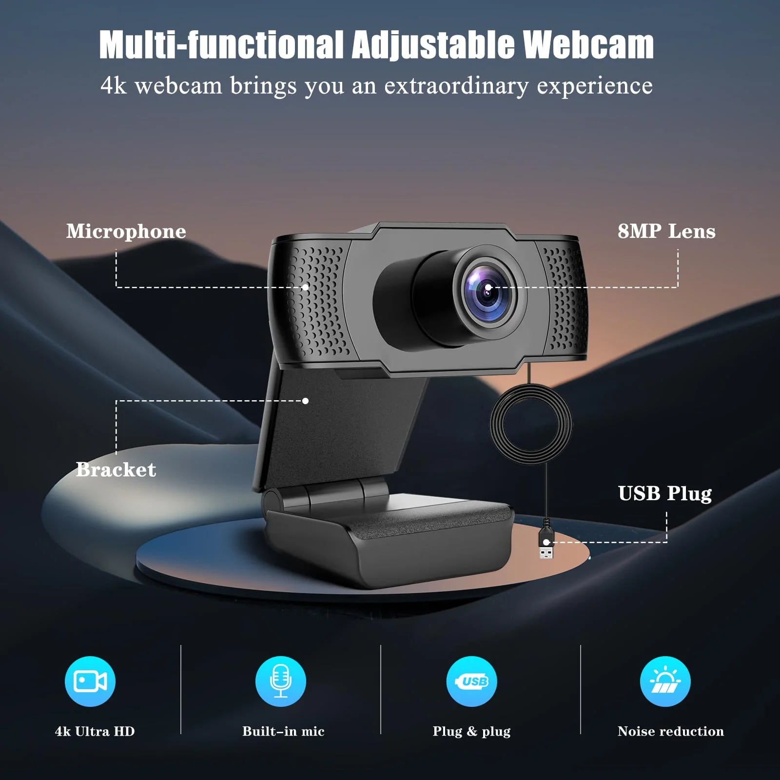 4K Webcam for PC, Ultra 4K HD Web Cam, Dual Noise-Canceling Mics, Auto Light Correction, Wide Angle Streaming Camera,Plug and Play for Video Calling/Conferencing/Zoom/Skype/Teams 4k Black Updated - Image 4