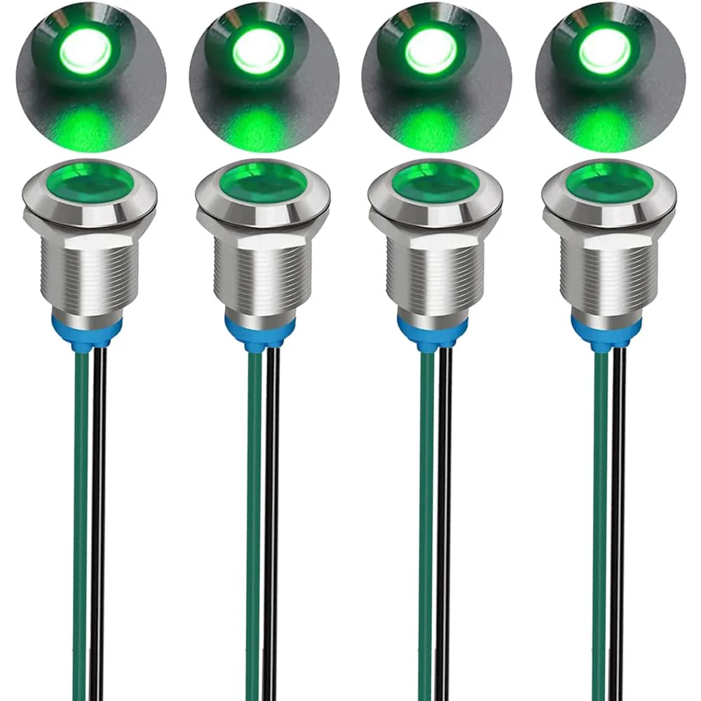4pcs 12mm 3V-4.5V-5V-6V-7.5V-9VDC LED Metal Indicator Light Waterproof Signal Lamp Pilot Dash Directional Car Truck Boat with Wire(Green) Green