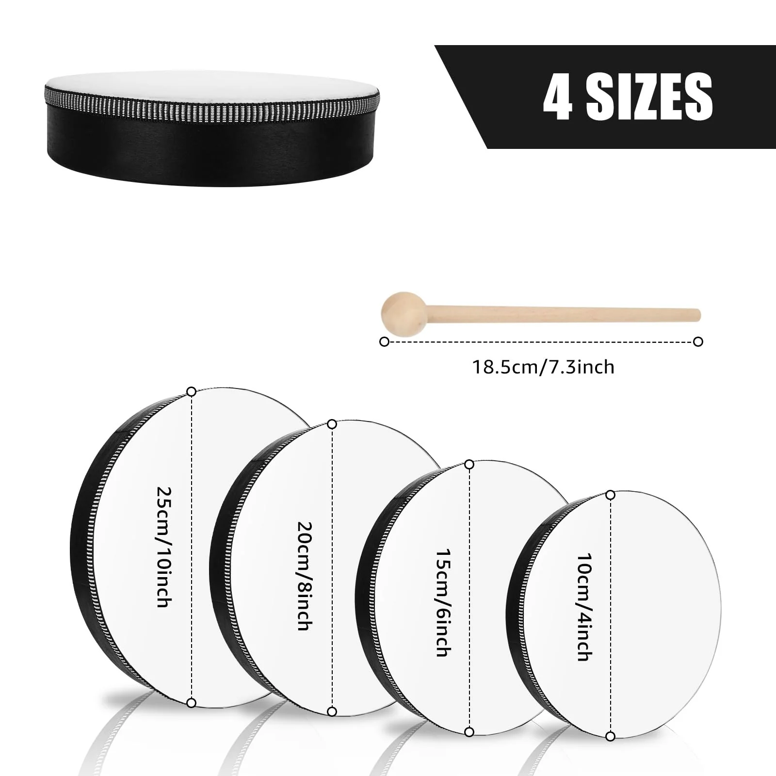 4PCS Hand Drum - Wood Frame Hand Drum - 10inch 8inch 6inch 4inch Percussion Musical Instrument with Drum Stick - Image 2