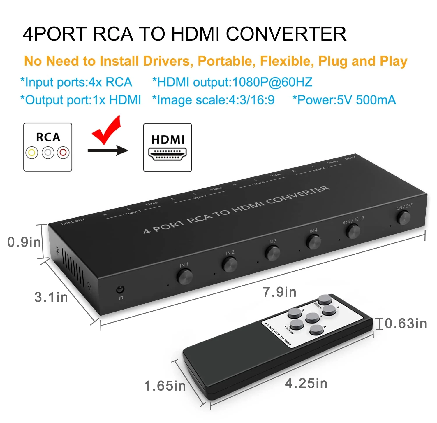 4Port AV to HDMI Converter, 4Port AV to HDMI Switcher with IR Remote, Support 16:9/4:3 and Quick Switch Compatible with WII/N64/SNES/Xbox/PS1/PS2/PS3/VHS/VCR/DVD Players etc.(4AV In-1HDMI Out) 4Port AV to HDMI Converter - Image 3