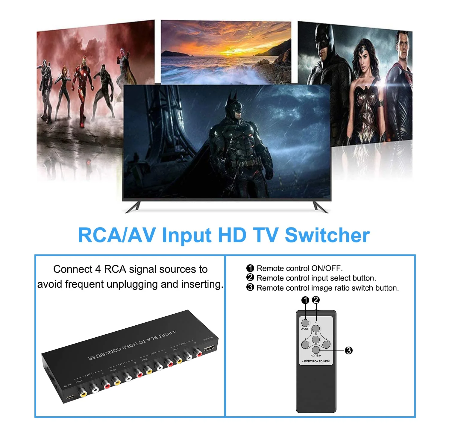 4Port AV to HDMI Converter, 4Port AV to HDMI Switcher with IR Remote, Support 16:9/4:3 and Quick Switch Compatible with WII/N64/SNES/Xbox/PS1/PS2/PS3/VHS/VCR/DVD Players etc.(4AV In-1HDMI Out) 4Port AV to HDMI Converter - Image 5