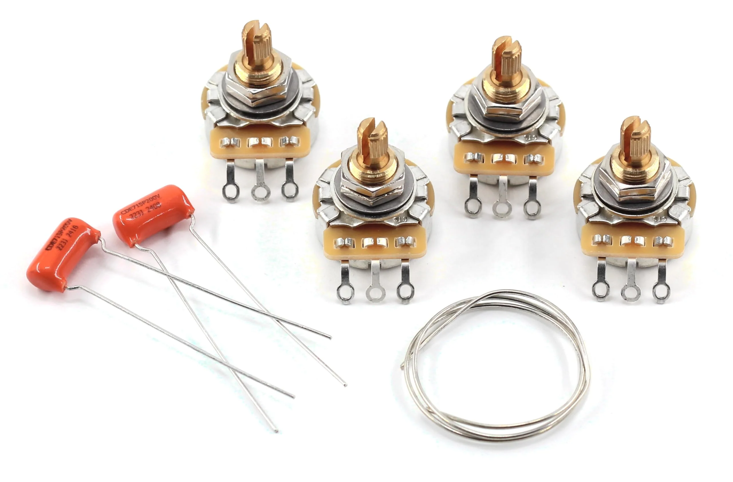 4x TAOT Custom CTS 525K Pots 3/8” Short, 10% Tolerance + 2x Orange Drop .022uf 200V Caps + 14" Buss wire Clear Stamping