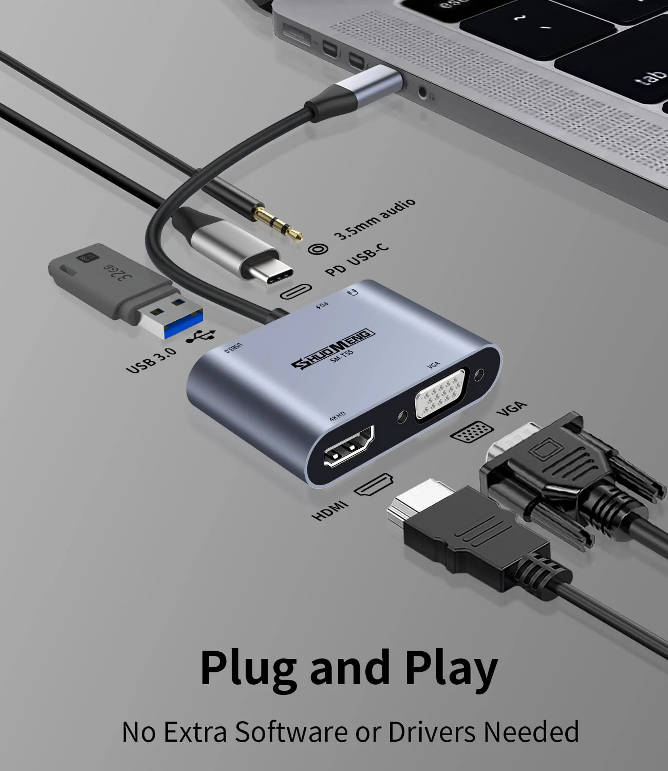 5 in 1 USB C Hub, USB C to VGA HDMI MultiPort Adapter, 4K HDMI, VGA, 100W PD, USB 3.0, Audio Jack, Compatible with Switch, Steam Deck, Rog Ally iPhone 15 Pro/Max, MacBook Pro/Air, iPad Pro, iMac, S23 5-in-1 - Image 3