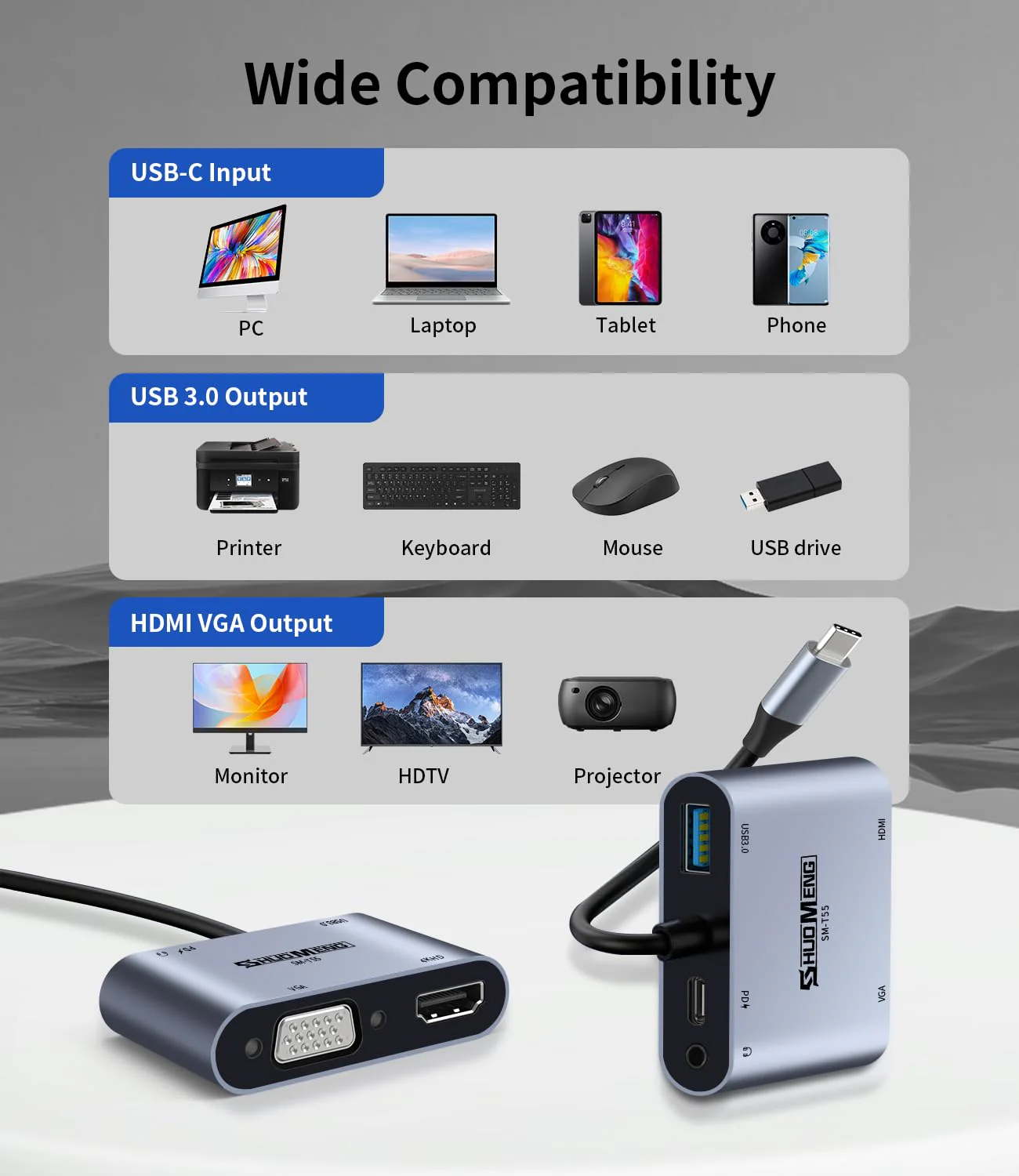 5 in 1 USB C Hub, USB C to VGA HDMI MultiPort Adapter, 4K HDMI, VGA, 100W PD, USB 3.0, Audio Jack, Compatible with Switch, Steam Deck, Rog Ally iPhone 15 Pro/Max, MacBook Pro/Air, iPad Pro, iMac, S23 5-in-1 - Image 6