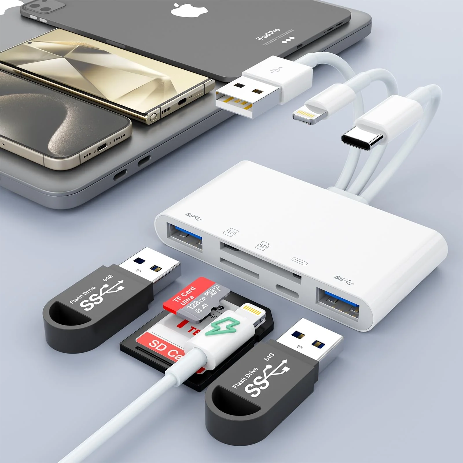5-in-3 SD Card Reader for iPhone iPad with USB A & Charging Port, Lightning + USB A + USB C to SD Memory Card Reader for iPhone/iPad/Android/MacBook/PC/Tablet/Camera/Hard Disk/Flash Drive CL-AP436