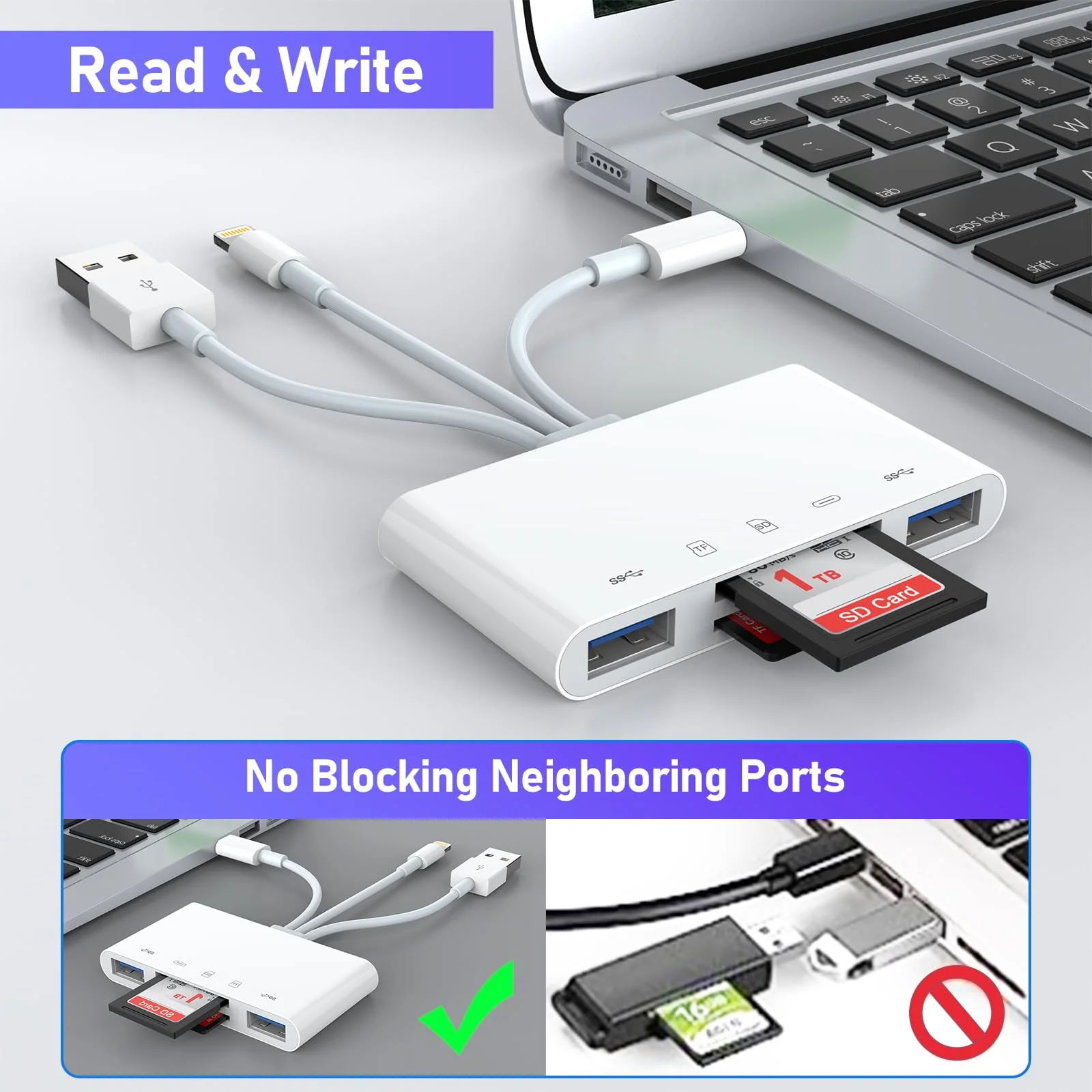 5-in-3 SD Card Reader for iPhone iPad with USB A & Charging Port, Lightning + USB A + USB C to SD Memory Card Reader for iPhone/iPad/Android/MacBook/PC/Tablet/Camera/Hard Disk/Flash Drive CL-AP436 - Image 7