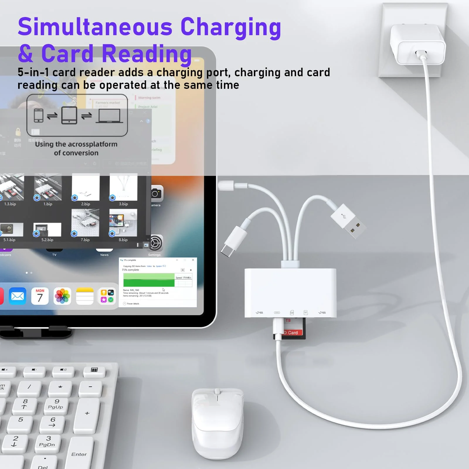 5-in-3 SD Card Reader for iPhone iPad with USB A & Charging Port, Lightning + USB A + USB C to SD Memory Card Reader for iPhone/iPad/Android/MacBook/PC/Tablet/Camera/Hard Disk/Flash Drive CL-AP436 - Image 8