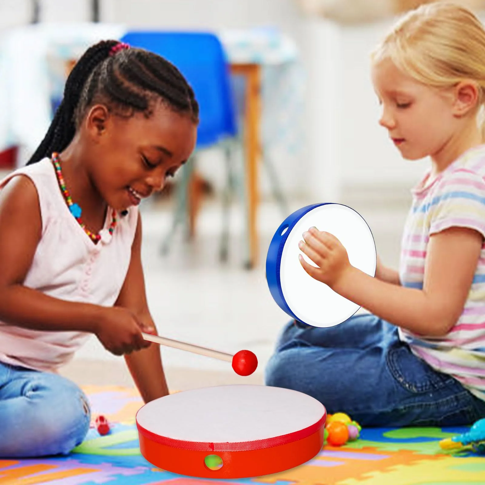 5 Pcs Kids Hand Drums Wood Frame Drum Set with Drum Stick 12 Inch 10 Inch 8 Inch 6 Inch 4 Inch Multicolor Percussion Musical Instruments for School Kids Adults Beginners Home Party Supplies - Image 4