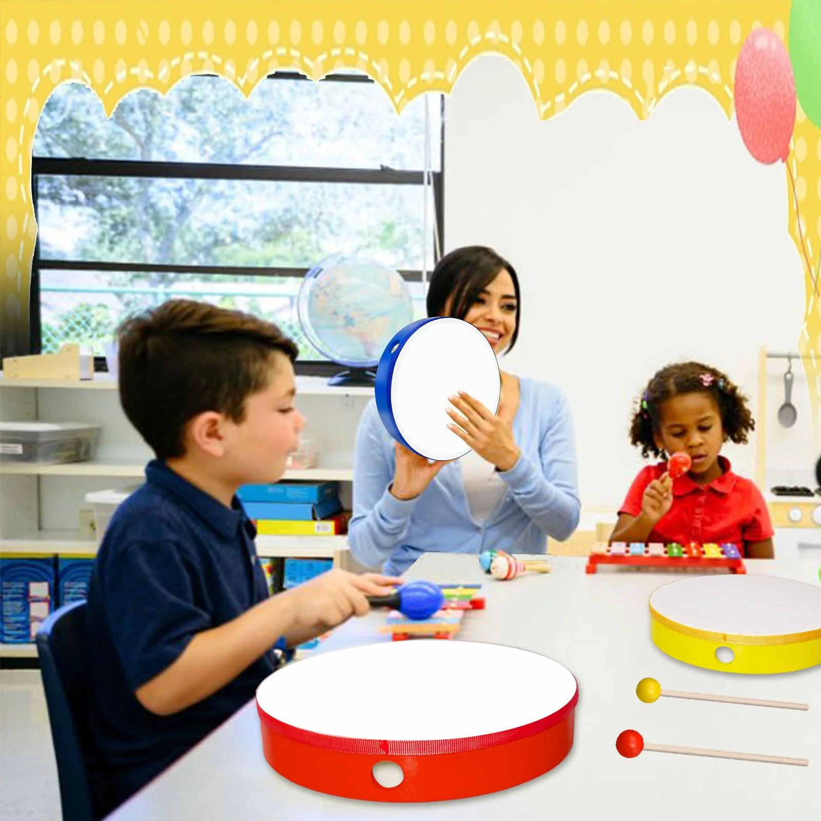 5 Pcs Kids Hand Drums Wood Frame Drum Set with Drum Stick 12 Inch 10 Inch 8 Inch 6 Inch 4 Inch Multicolor Percussion Musical Instruments for School Kids Adults Beginners Home Party Supplies - Image 6