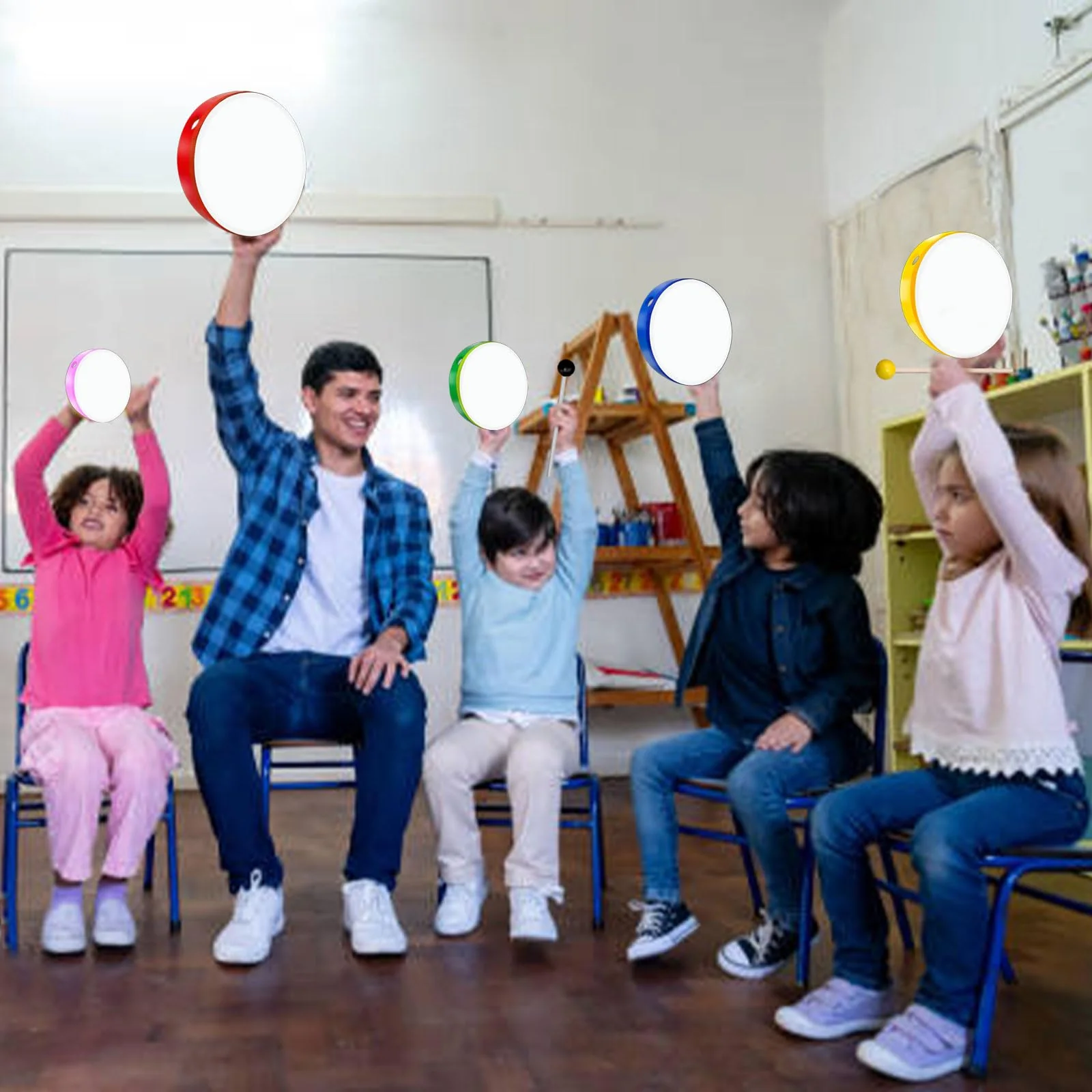 5 Pcs Kids Hand Drums Wood Frame Drum Set with Drum Stick 12 Inch 10 Inch 8 Inch 6 Inch 4 Inch Multicolor Percussion Musical Instruments for School Kids Adults Beginners Home Party Supplies - Image 7