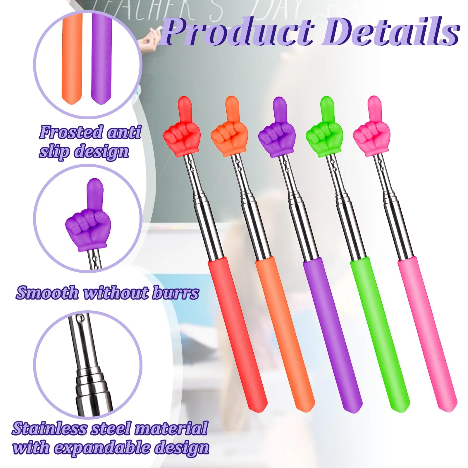 5 Pcs Pointer Stick for Classroom, Retractable Teachers Pointer for Classroom Kids Reading, Finger Pointer Stick Elementary School Kindergarten Teacher Classroom Supplies(Color B) Color B - Image 3