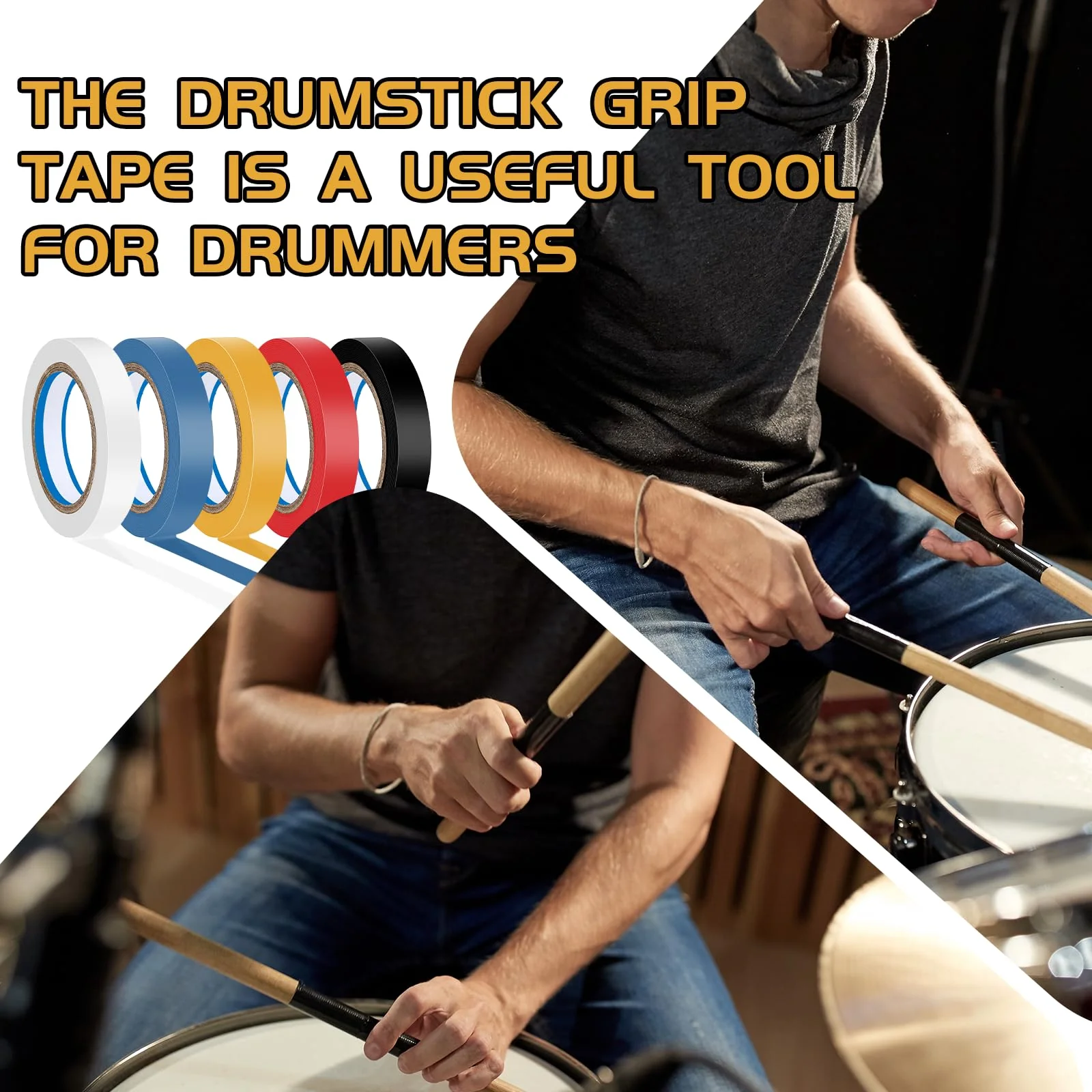 5 Rolls Drum Stick Tape PVC Non-Slip Drumstick Grips Tape Tennis Racket Tape Drumstick Grips for Drumming Accessories, 0.4 Inches Wide, 10.9 Yards Long - Image 6