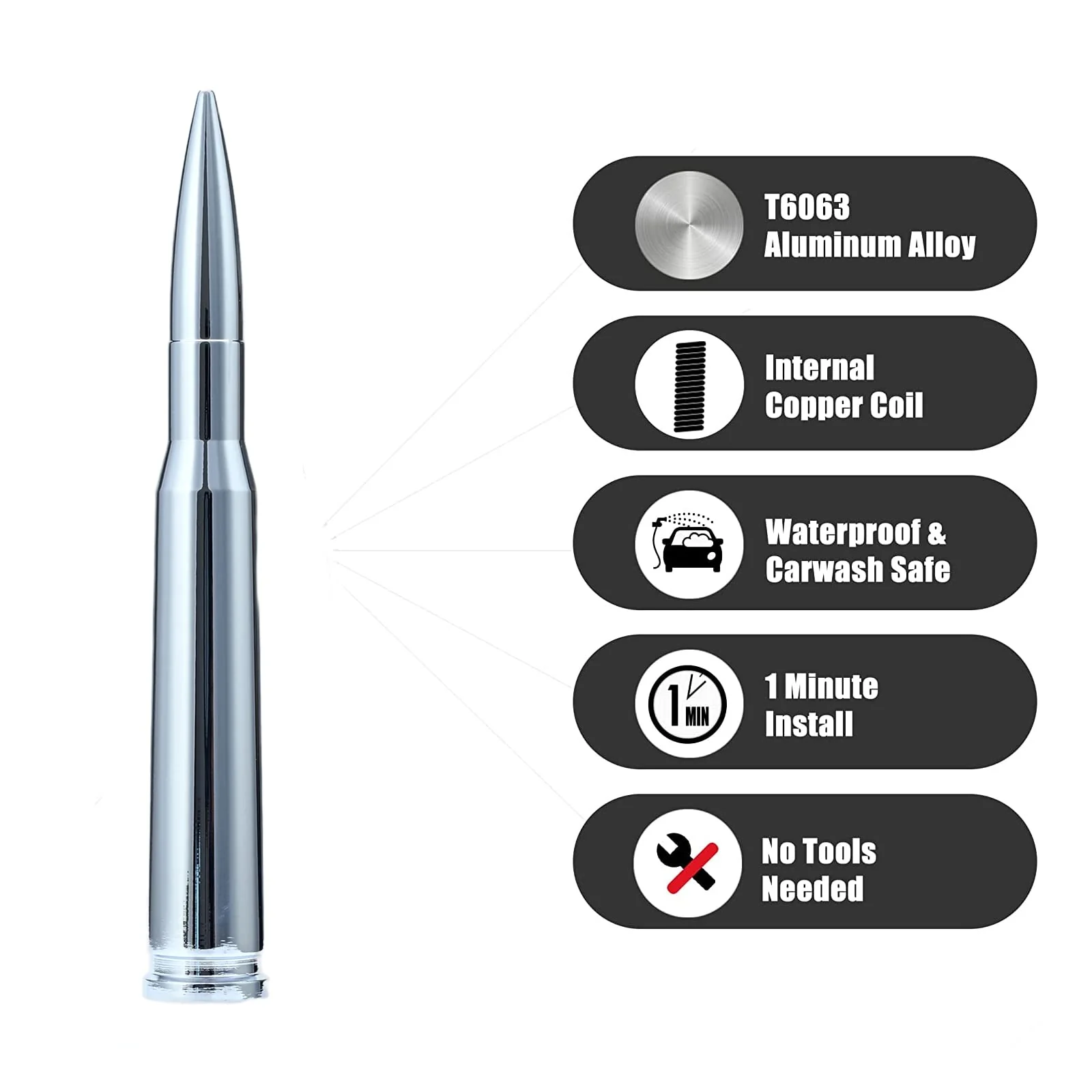 50 Cal Truck Chrome Bullet Antenna Fit for Ford F150 F250 F350 Raptor/Dodge RAM 1500 2500 3500/Chevrolet Silverado & GMC Sierra-Short Replacement Antenna 1990 - Current (Chrome) - Image 3