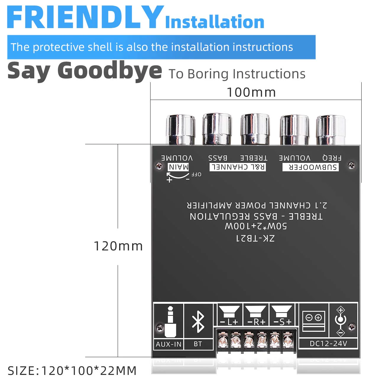 50W+50W+100W 2.1 Channel Subwoofer Amplifier Board with Treble and Bass Control, Dual TPA3116 Chip, DC 12-24V, Bluetooth and AUX Inputs, DIY Wireless Speakers AMP Board, Password Free (ZK-TB21) ZK-TB21(excluding power adapter) - Image 3