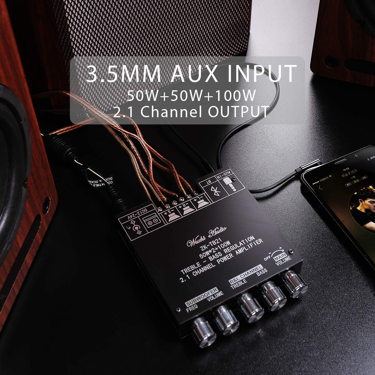50W+50W+100W 2.1 Channel Subwoofer Amplifier Board with Treble and Bass Control, Dual TPA3116 Chip, DC 12-24V, Bluetooth and AUX Inputs, DIY Wireless Speakers AMP Board, Password Free (ZK-TB21) ZK-TB21(excluding power adapter) - Image 5