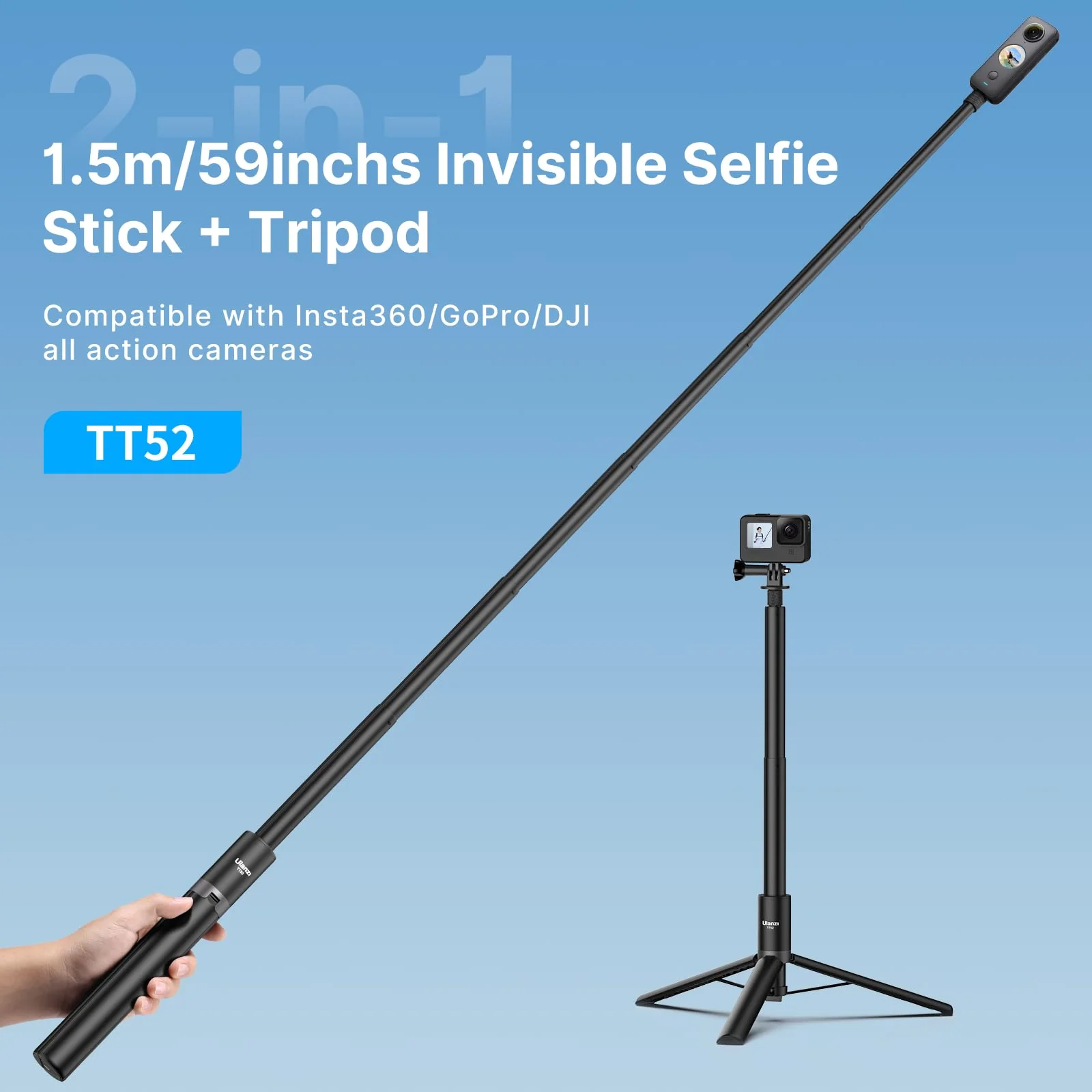 59in Invisible Selfie Stick Tripod for Insta360 X4/GO 3/X3/ONE RS/ONE X2/ONE X/GO 2/ONE R/ONE - ULANZI TT52 Extension Pole Selfie Stick Handle Grip Adjustable Waterproof for GoPro DJI and More - Image 2