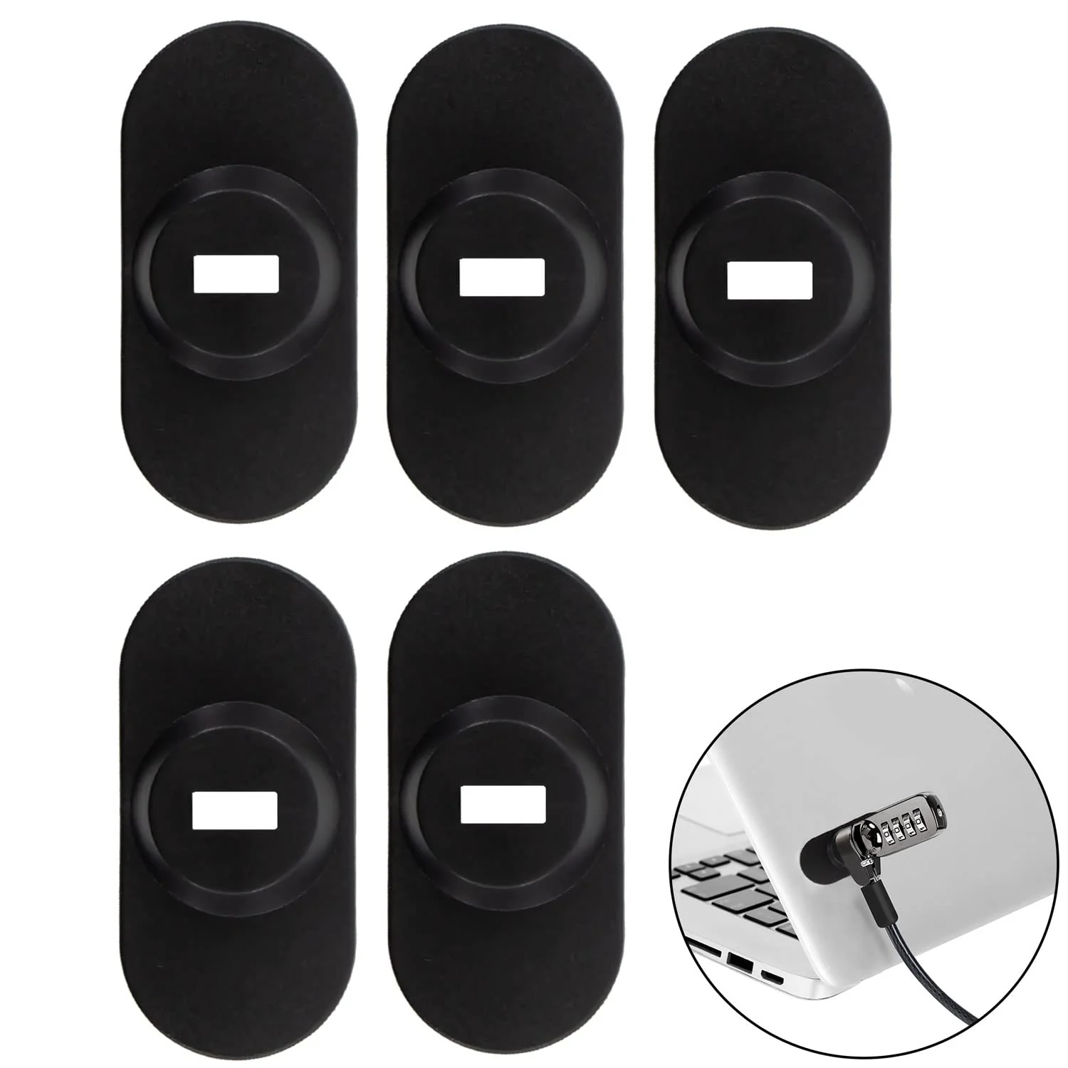 5Pack Anti Theft Self-Adhesive Security Plate with Slot for Cables to Lock Down Laptops, Mac Book, Tablets, iPad, or Other Computer (Black) Black lock slot-5Pack